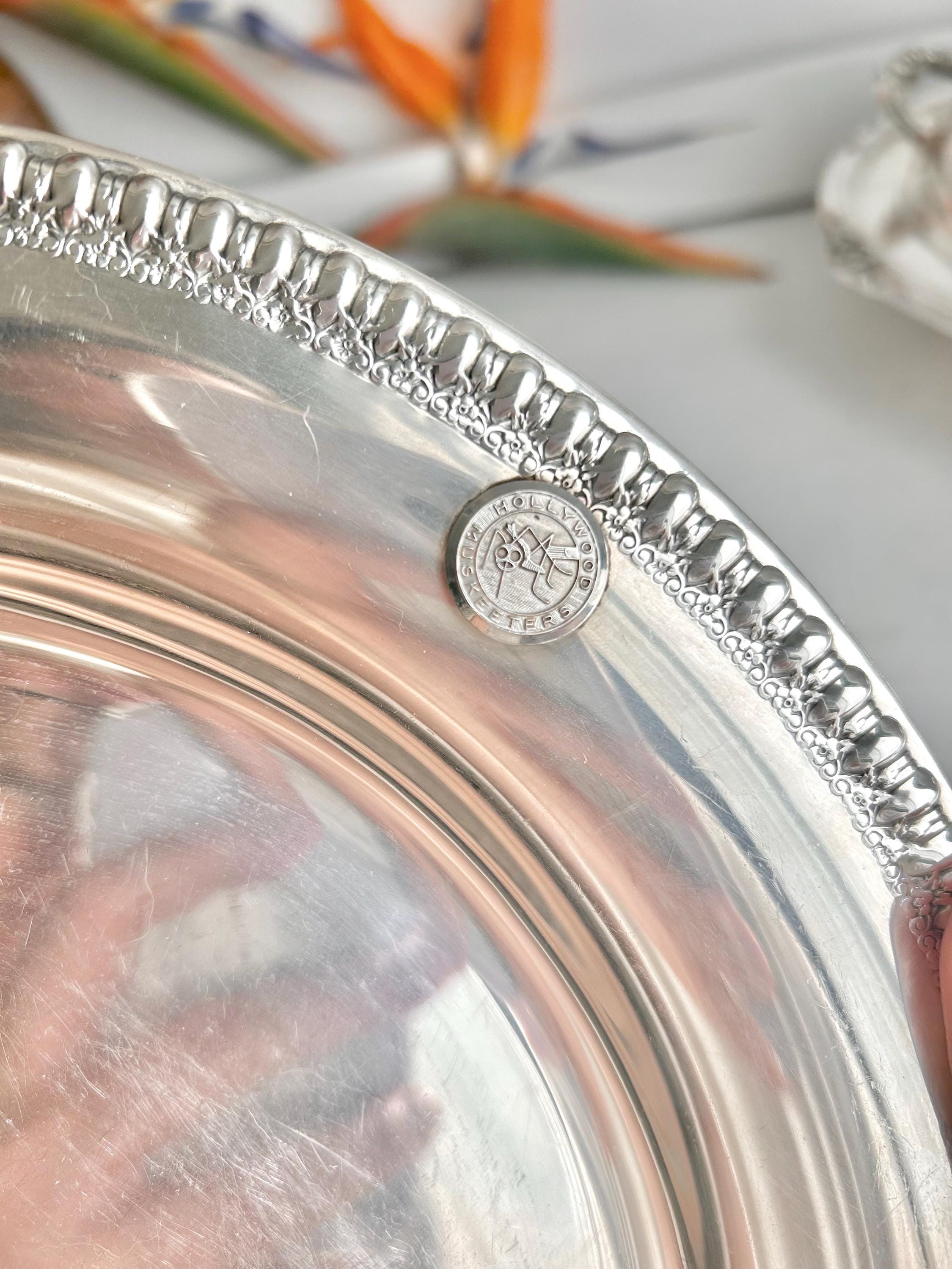 Vintage Wilcox Silver-Plated Platter: Brandon Hall Gadroon Rim, Hollywood Musketeers