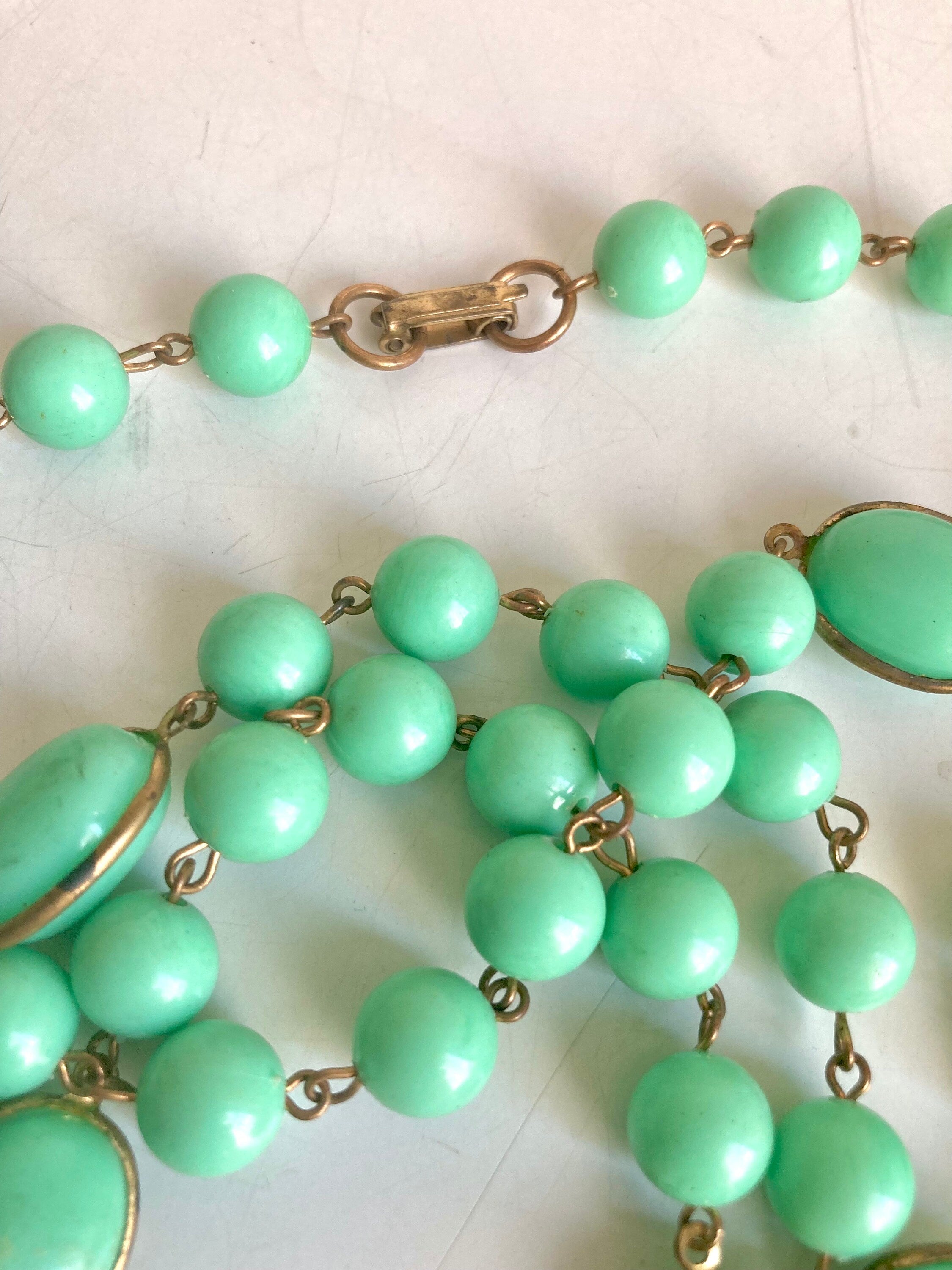 1960s Turquoise Plastic Bead Necklace: Long Costume Jewelry