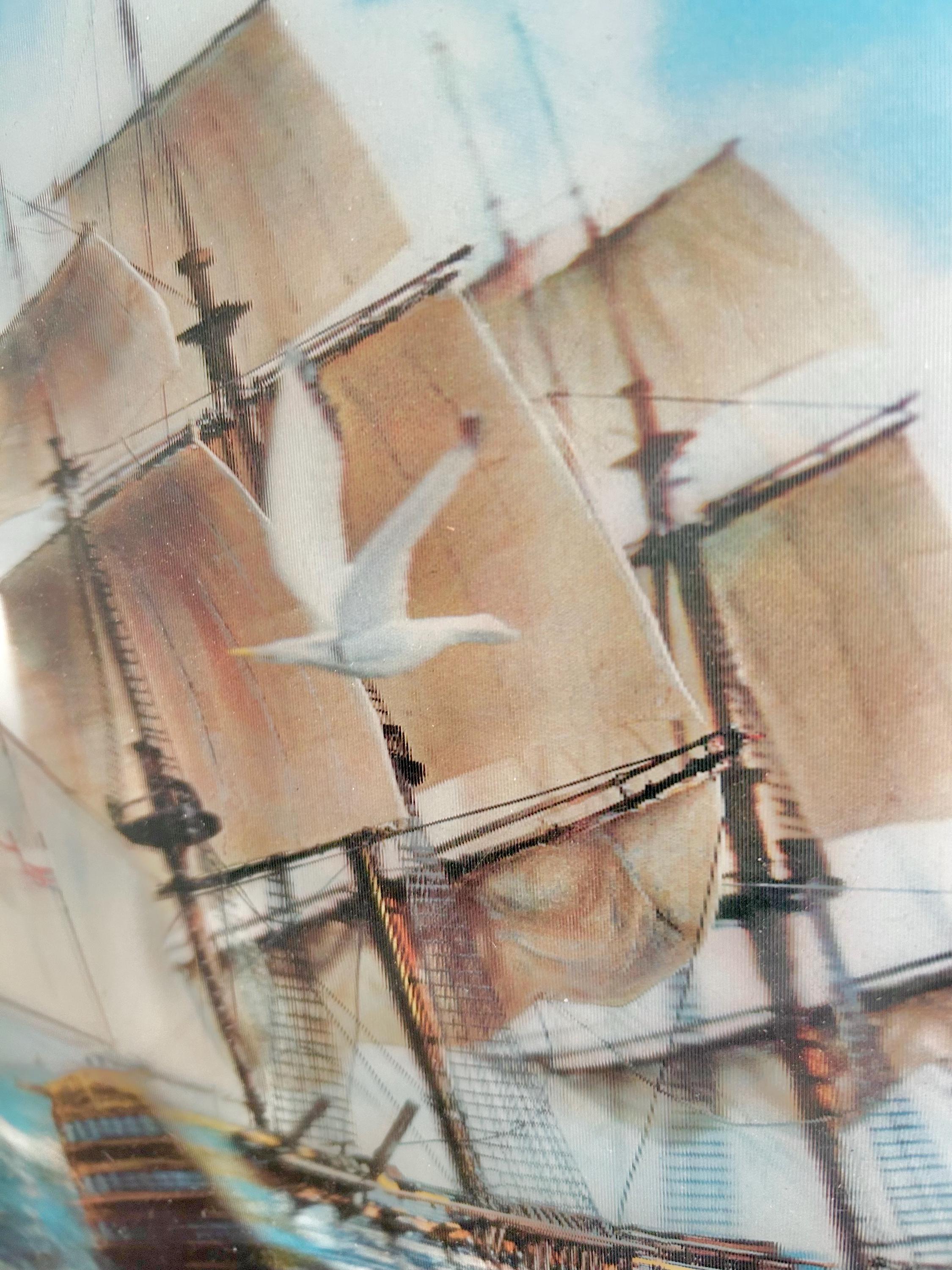 Vintage Lenticular Sailboat Art: 3D Hologram, Wood & Linen Frame