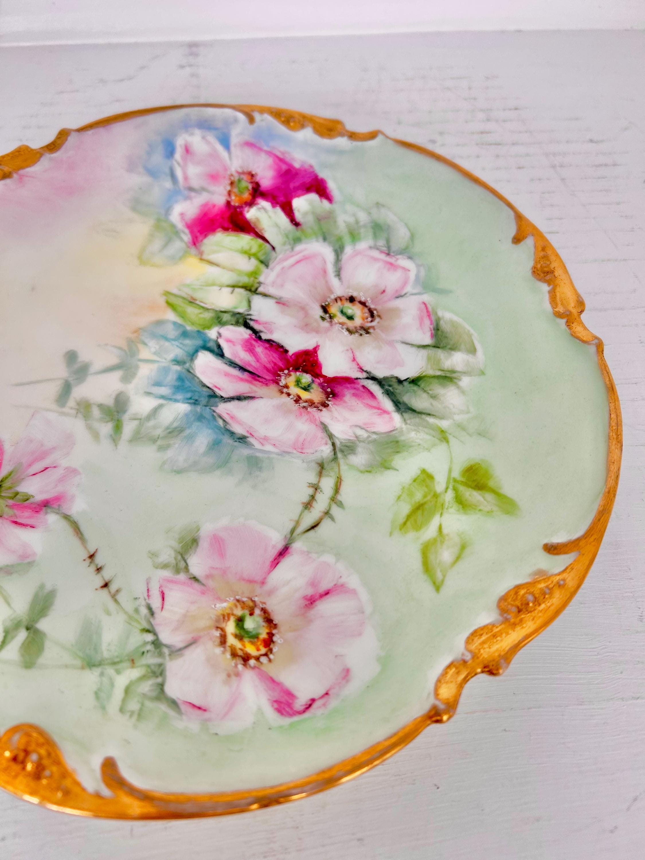 Antique JPL Limoges Dinner Plate Gilt with Hand-painted Dogwood Roses