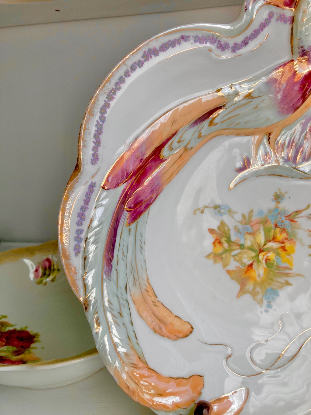 Vintage Bavarian Porcelain Bowl: Hand-Painted Bird & Floral Luster Dish