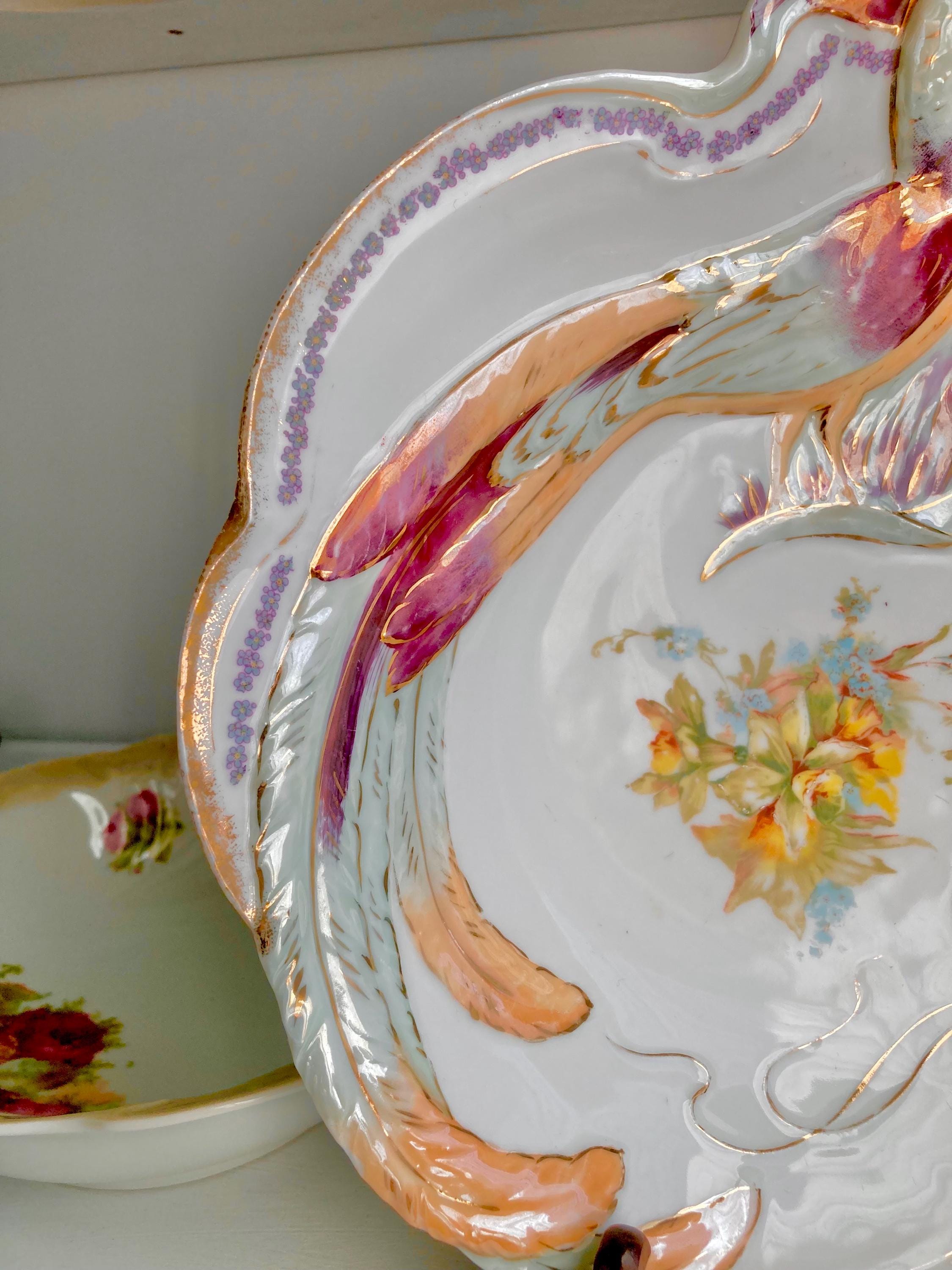 Vintage Bavarian Porcelain Bowl: Hand-Painted Bird & Floral Luster Dish