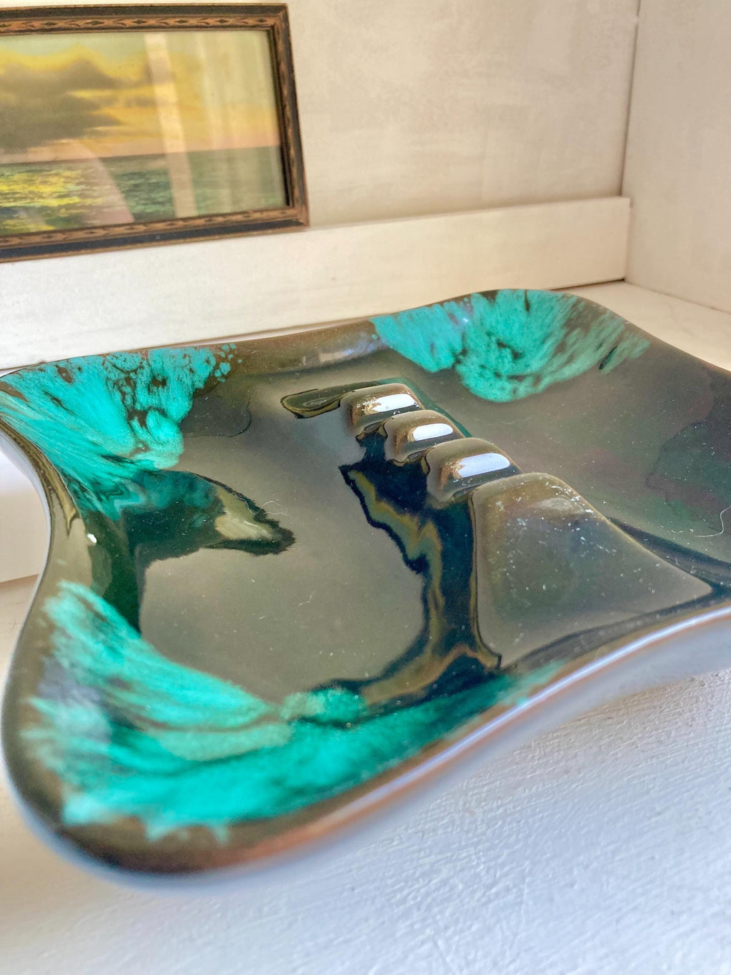 Vintage MCM Drip Glaze Ceramic Ashtray: Turquoise & Olive Green
