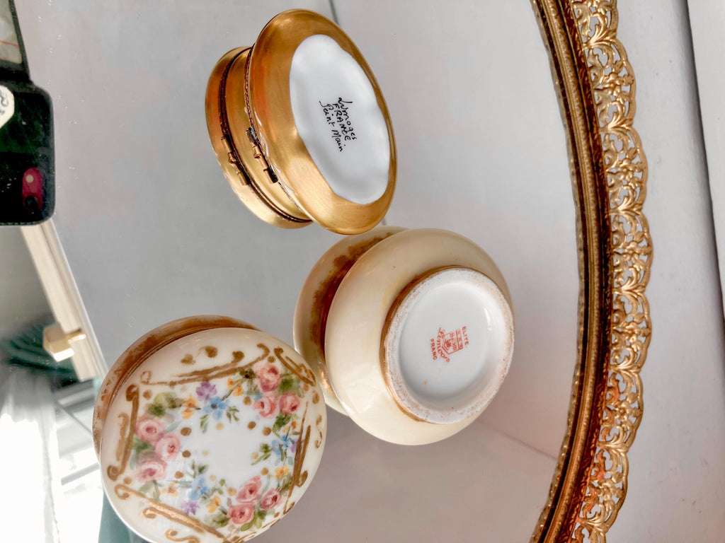 Vintage Limoges Porcelain Lidded Box: Hand-Painted Floral Gilt Jewelry Box