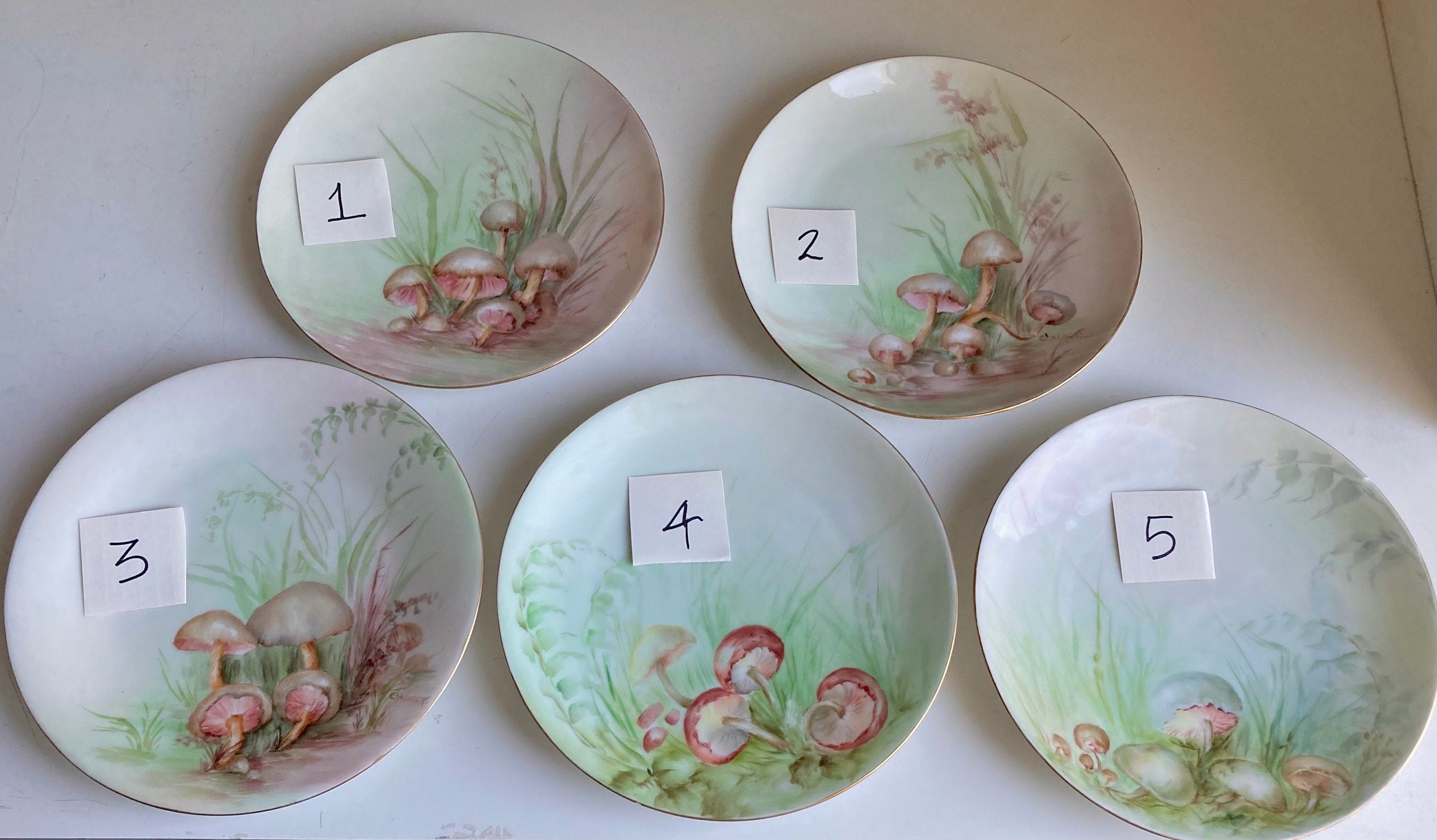 Antique Hand Painted Mushroom Plate: Gold Trim Dessert Plate, 7"