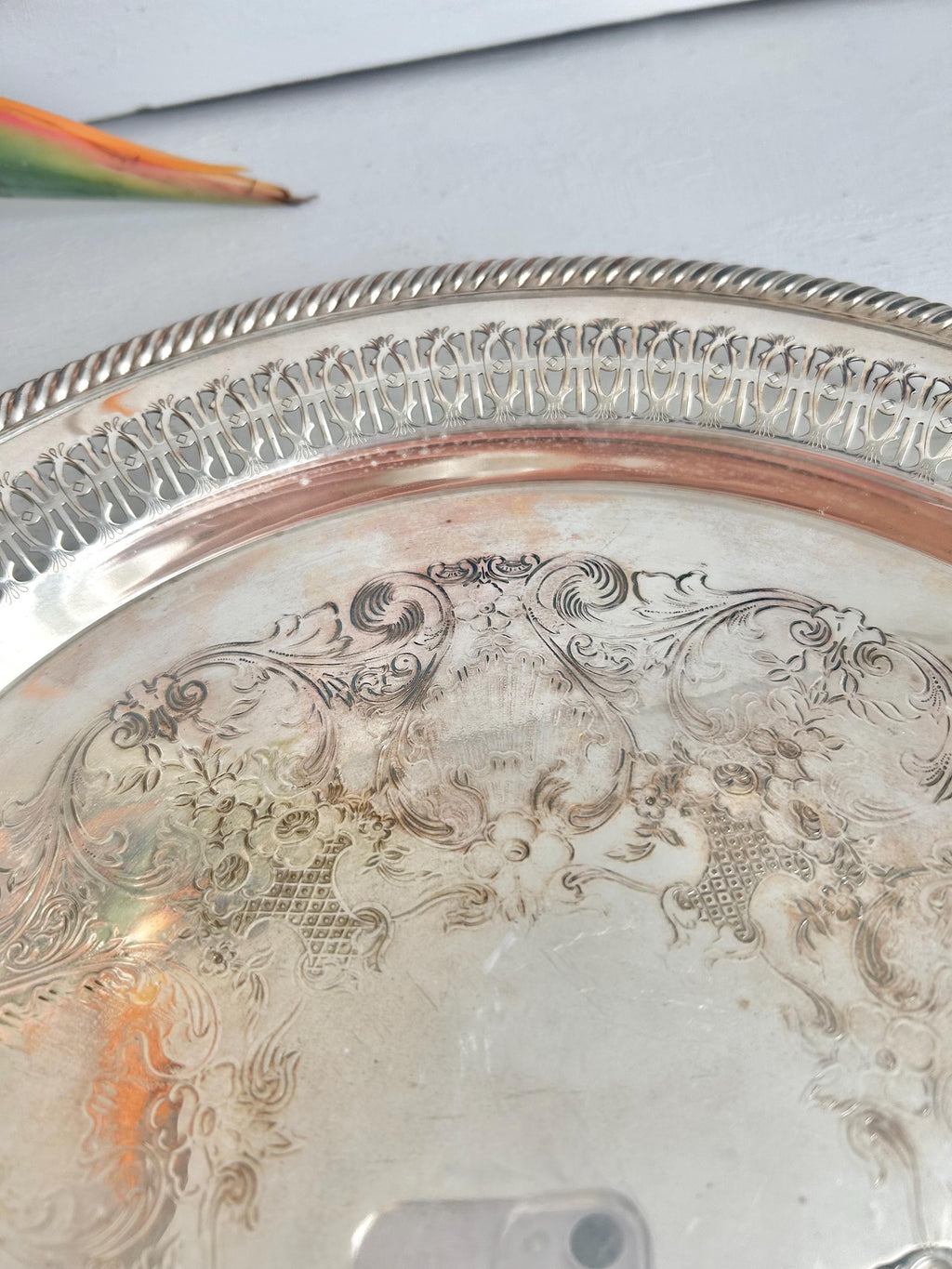 Vintage International Silver Co. Silverplated Platter: Perforated Rim, 12 inch