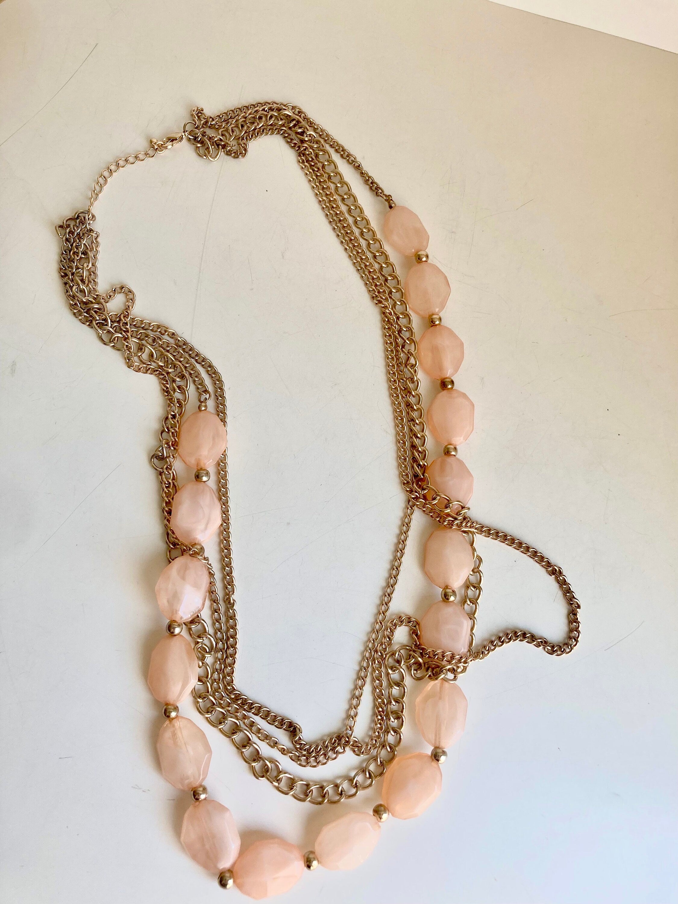 34" vintage Gold Tone Chain and Blush Pink Gem-Cut Beaded 4-Layered Necklace
