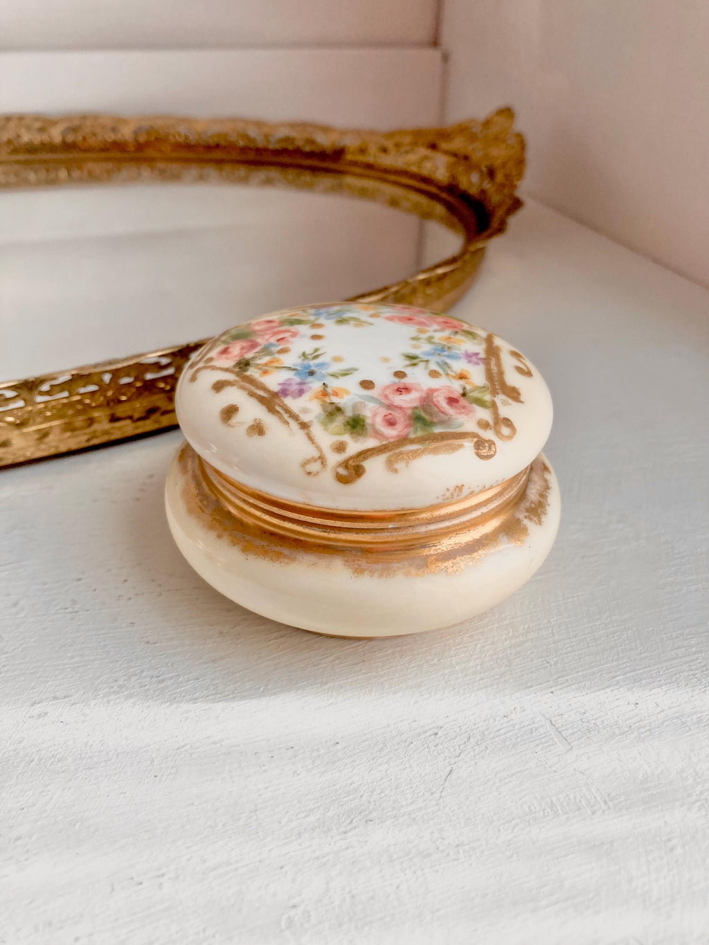 Vintage Limoges Porcelain Lidded Box: Hand-Painted Floral Gilt Jewelry Box