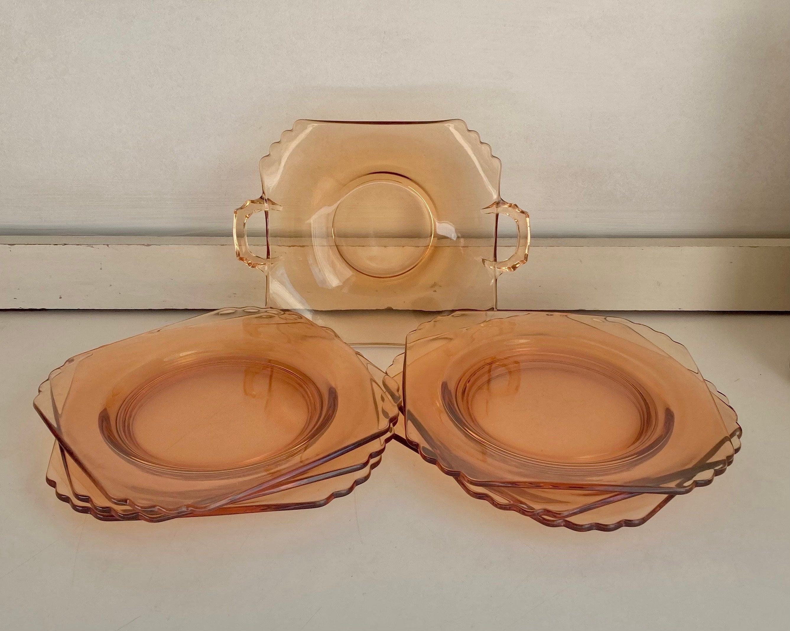 Vintage Fostoria Mayfair Honey Amber Glass Plate Set: Luncheon Plates & Relish Dish
