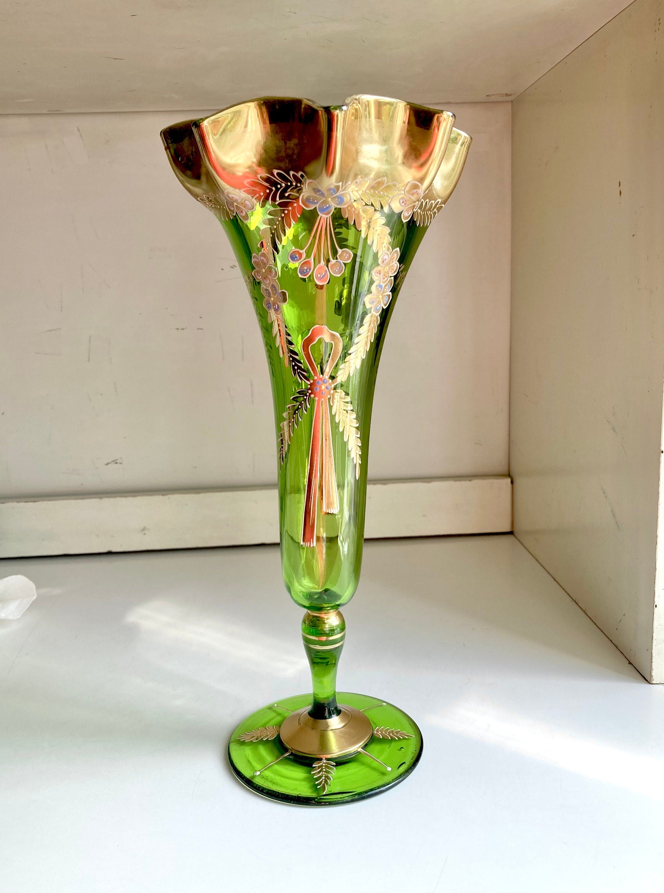 Bohemian Green Glass Ruffled Vase: Gilt Floral Hand-Painted Decor