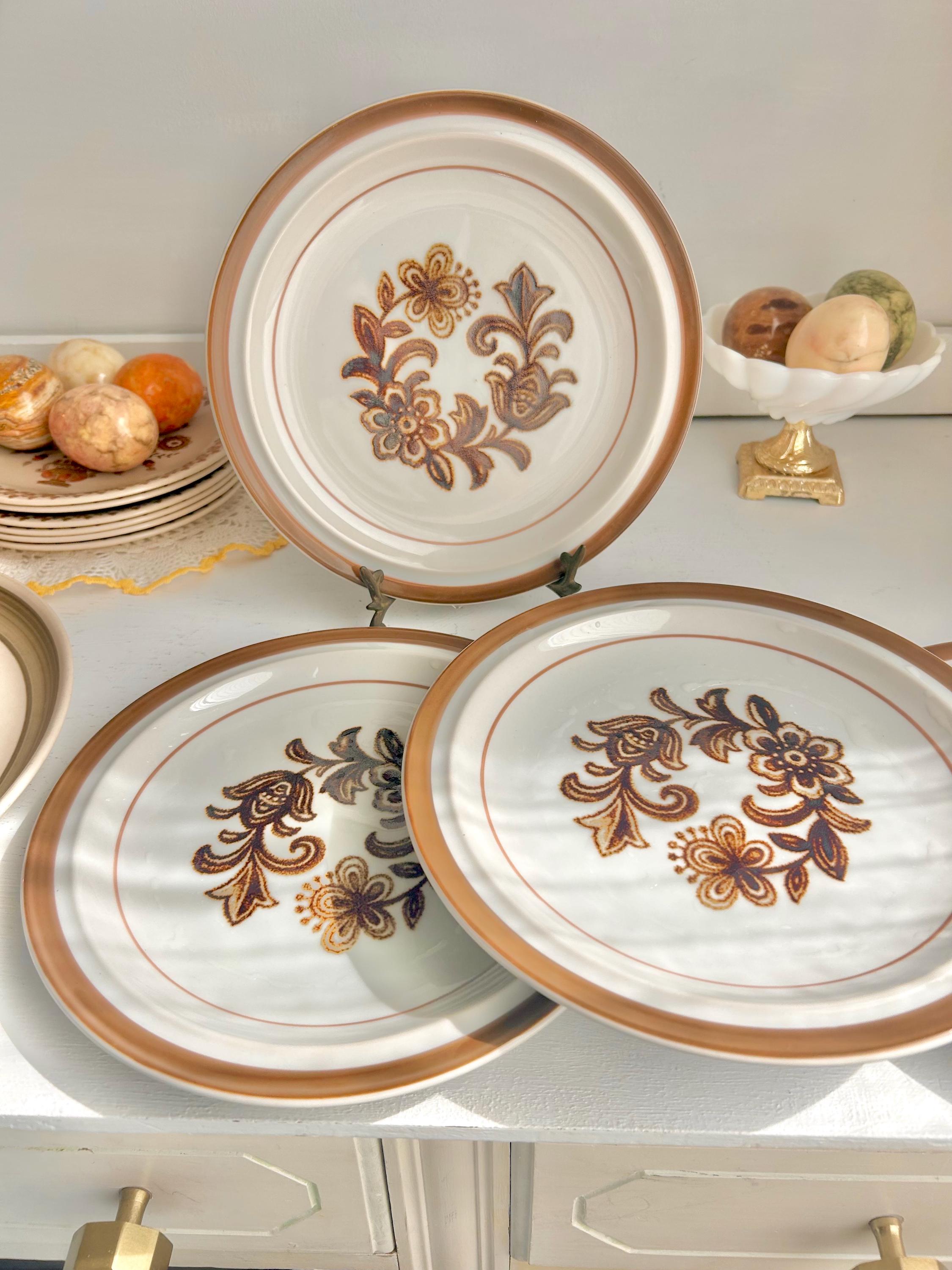Vintage Stoneware Side Plates Set: Brown Floral Monterrey, Japan