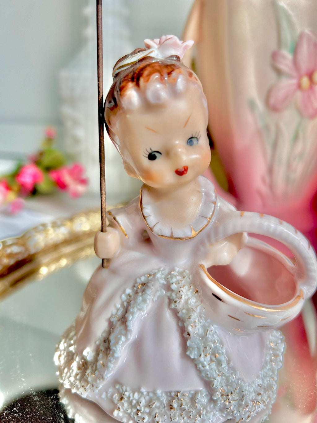 Vintage Spaghetti Porcelain Girl Figurine: Pink Dress, Parasol, Basket Vase (Hairline Crack)