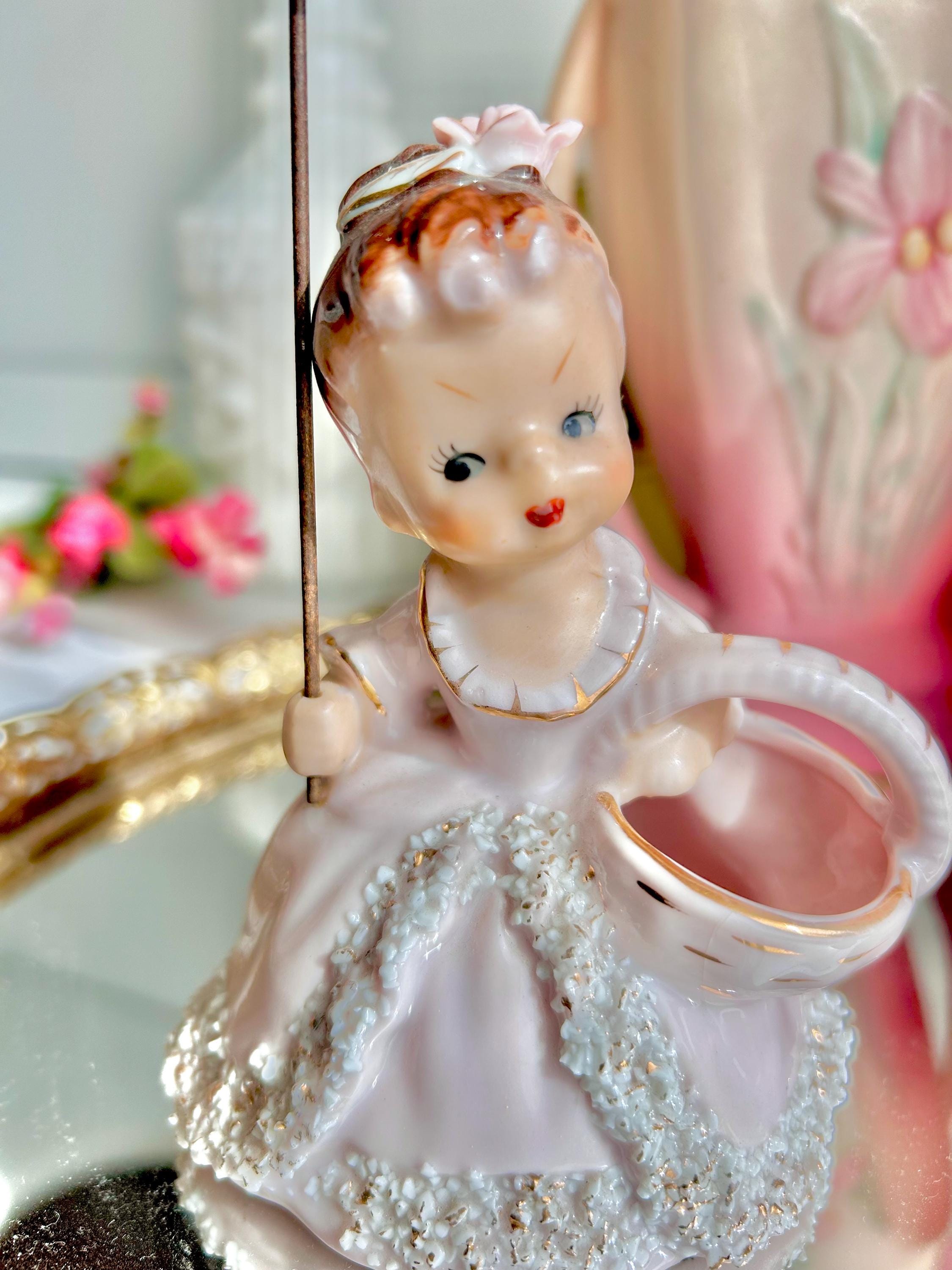 Vintage Spaghetti Porcelain Girl Figurine: Pink Dress, Parasol, Basket Vase (Hairline Crack)