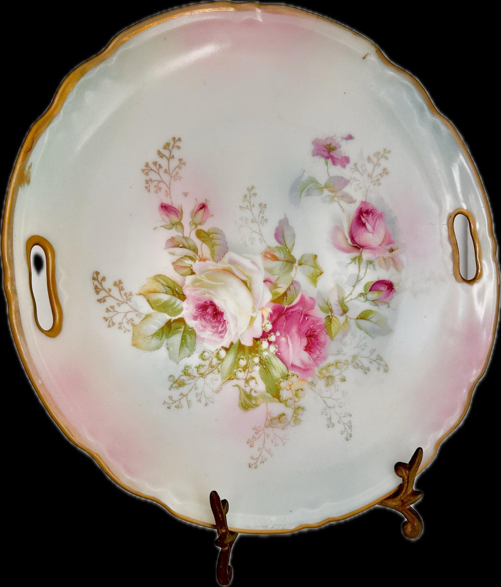 Vintage Round Porcelain Transferware Platter with Open Handles, Roses, Gold Trim
