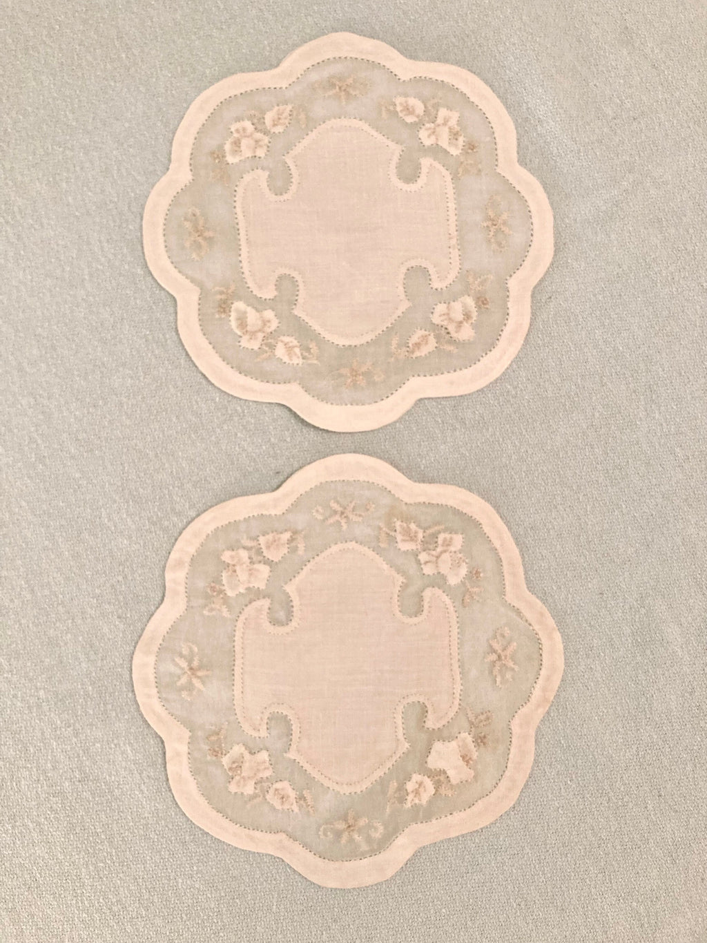 Vintage Madeira Linen Cocktail Rounds: Ecru Floral Applique, Set of 2