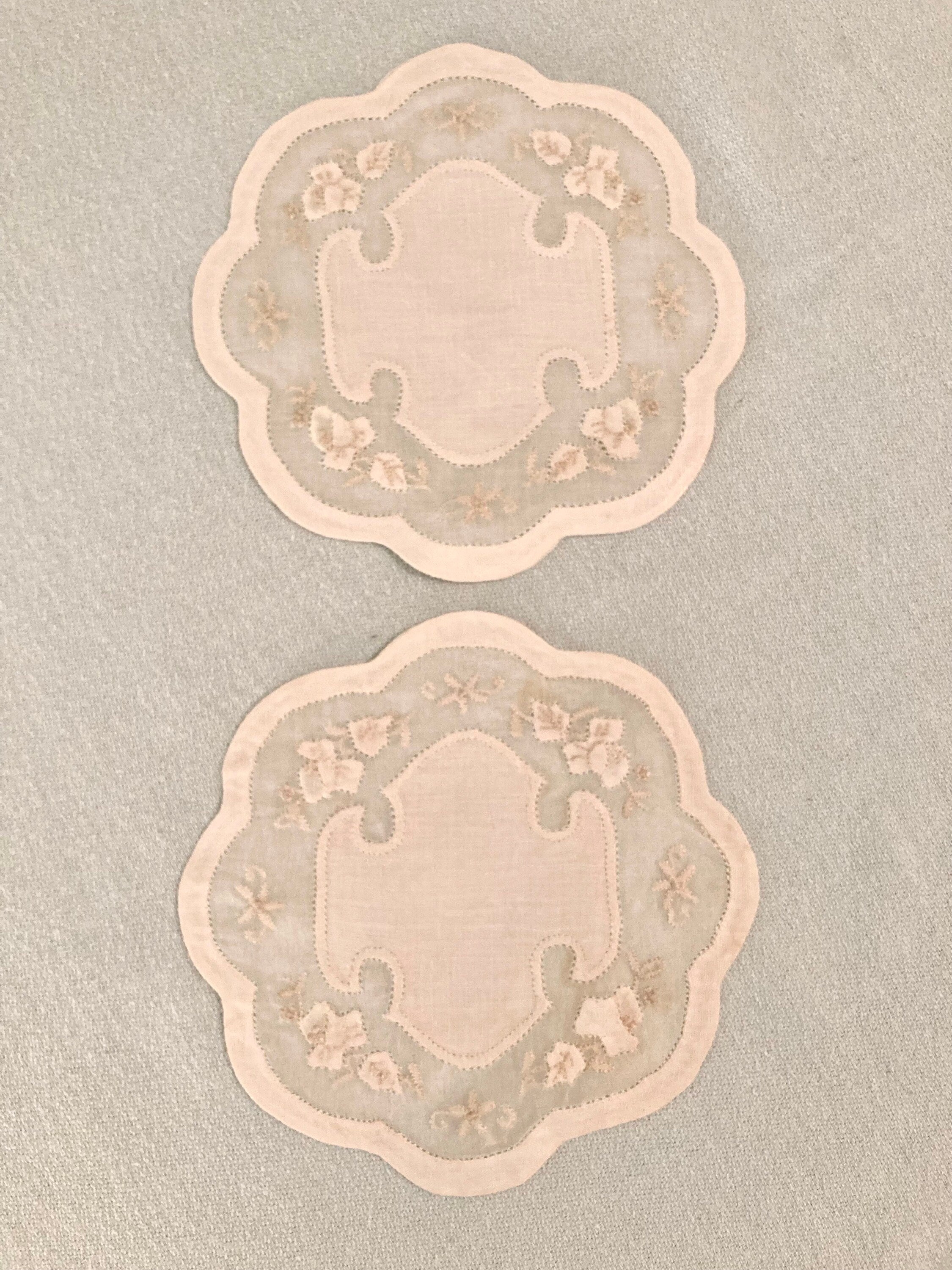 Vintage Madeira Linen Cocktail Rounds: Ecru Floral Applique, Set of 2