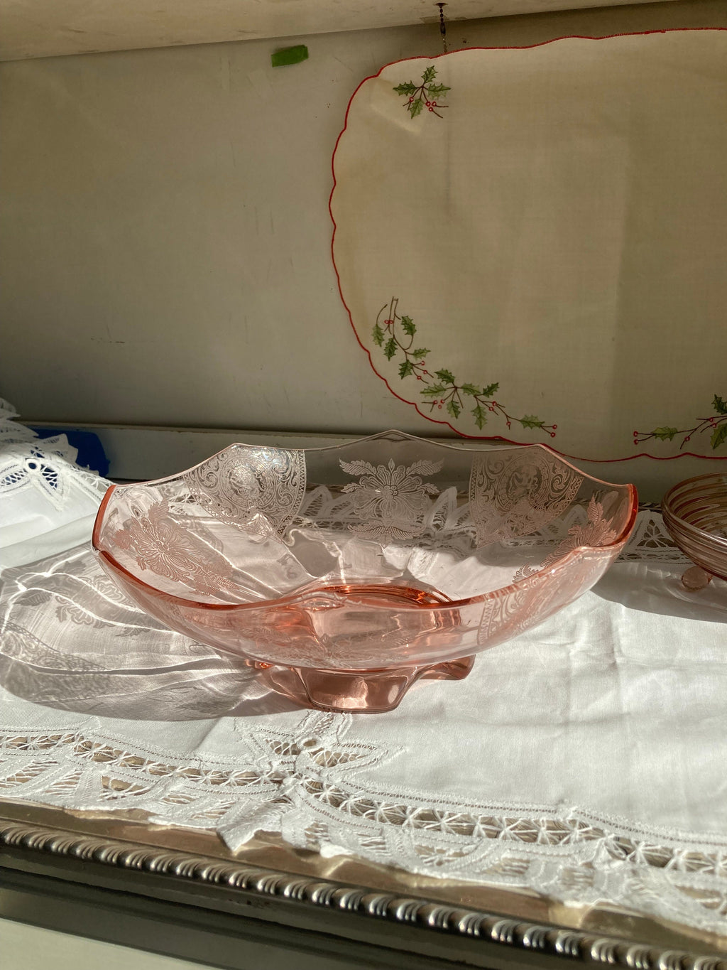 Pink Depression Glass Bowl - Etched Flowers, Dancing Nudes, Octagonal