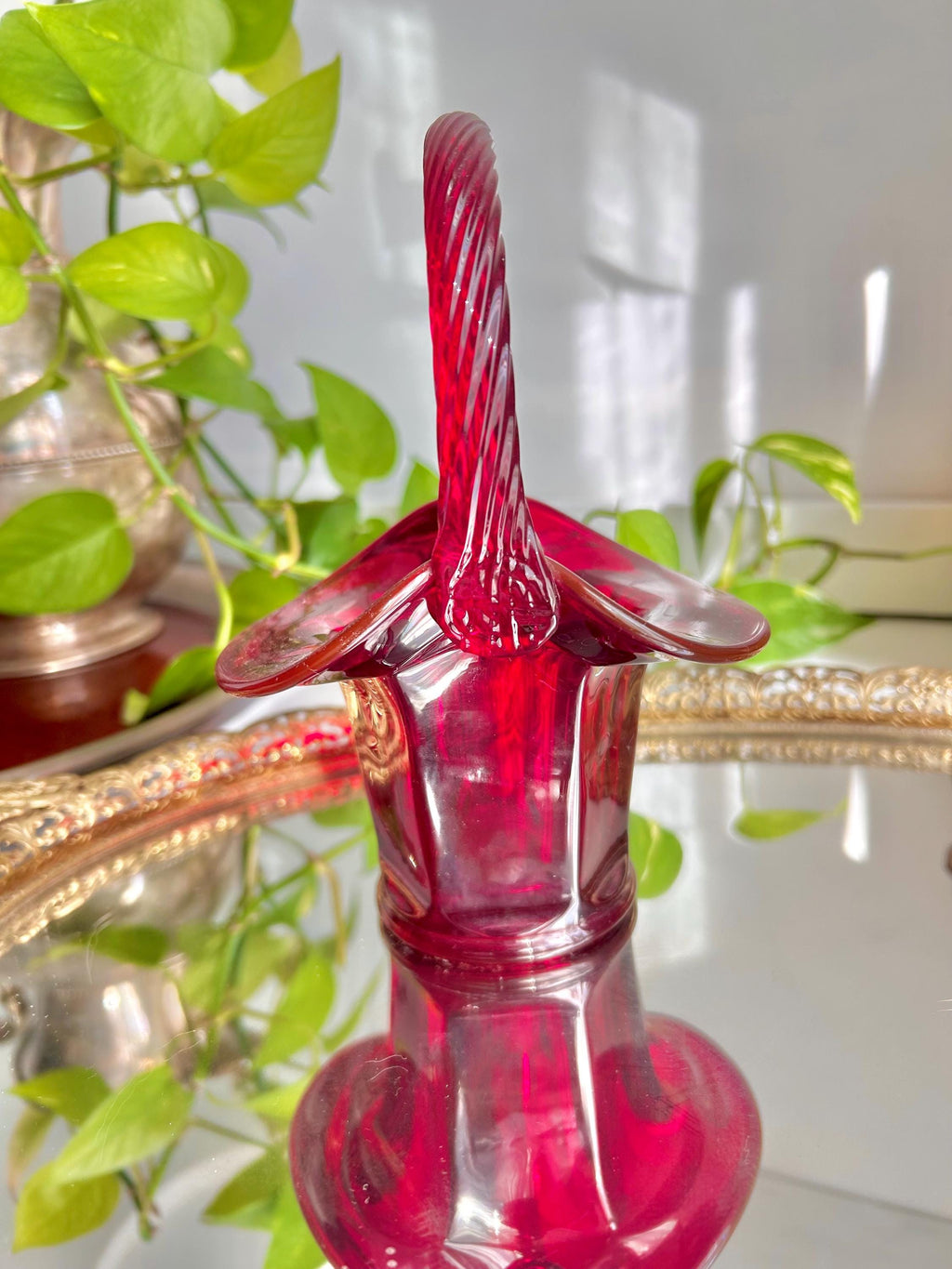 Vintage Fenton Ruby Red Glass Basket: Twisted Rope Handle, Paneled Design