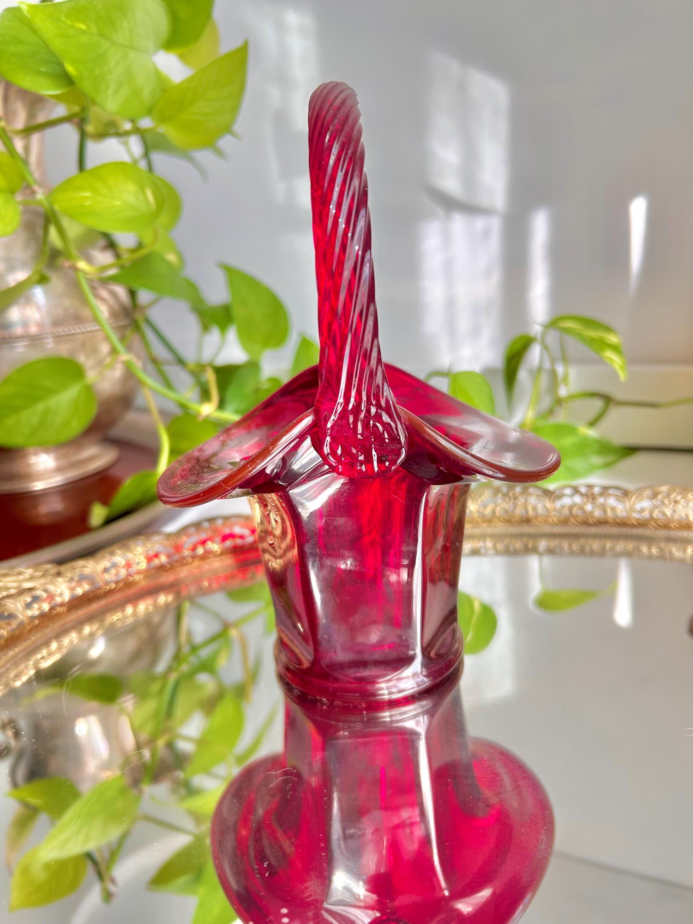 Vintage Fenton Ruby Red Glass Basket: Twisted Rope Handle, Paneled Design