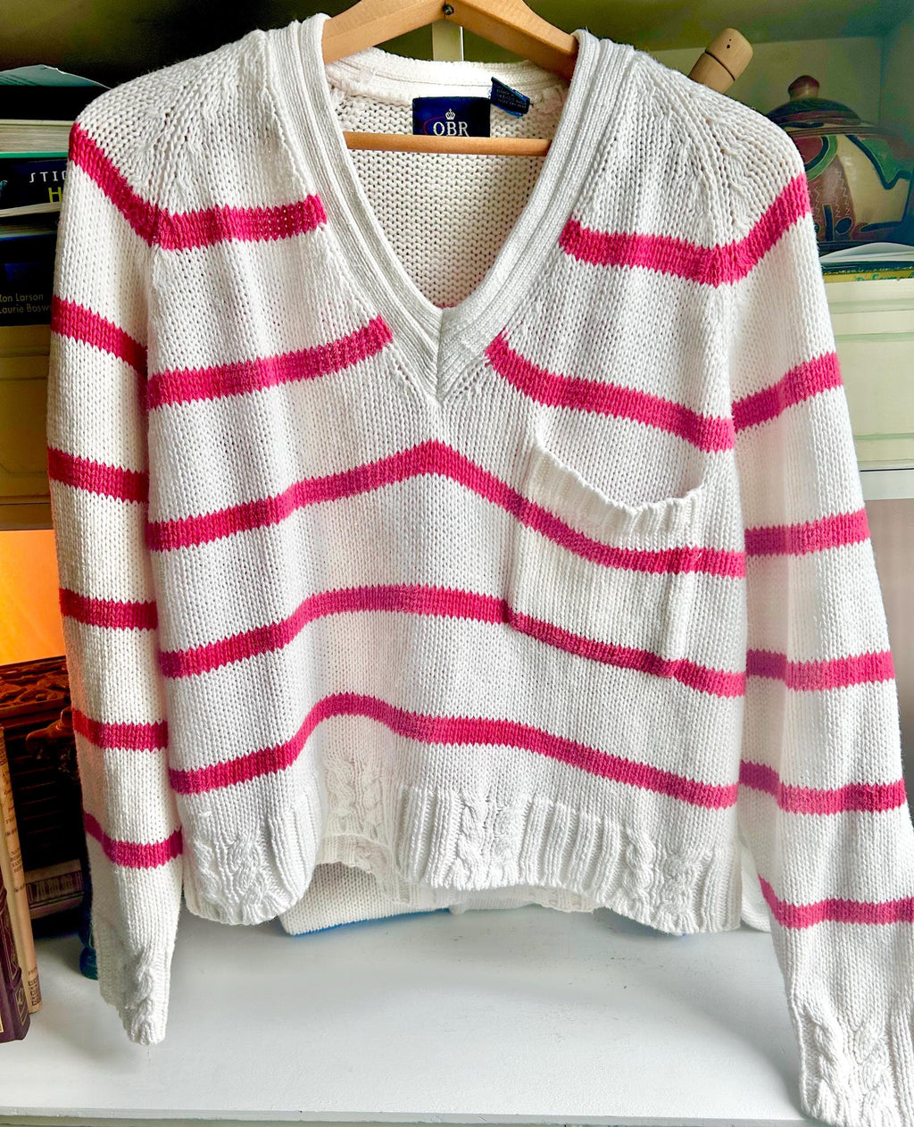 Vintage 80s Striped Cableknit Cropped Sweater - OBR Knits Small