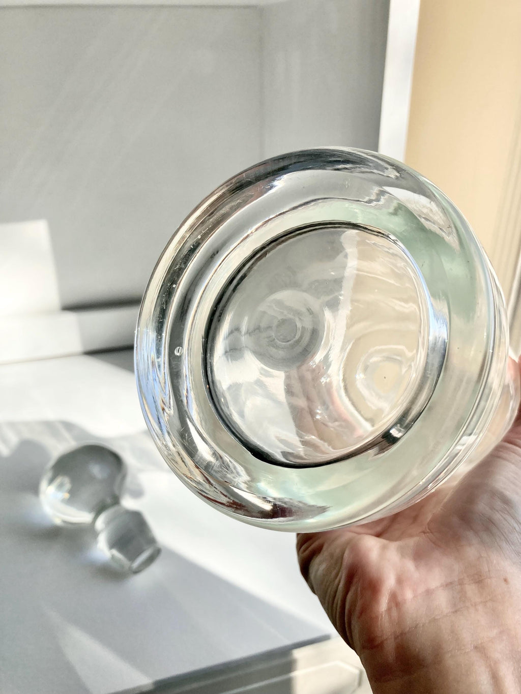 Vintage Blown Glass Decanter: Heavy Clear Glass Stopper, 32 oz