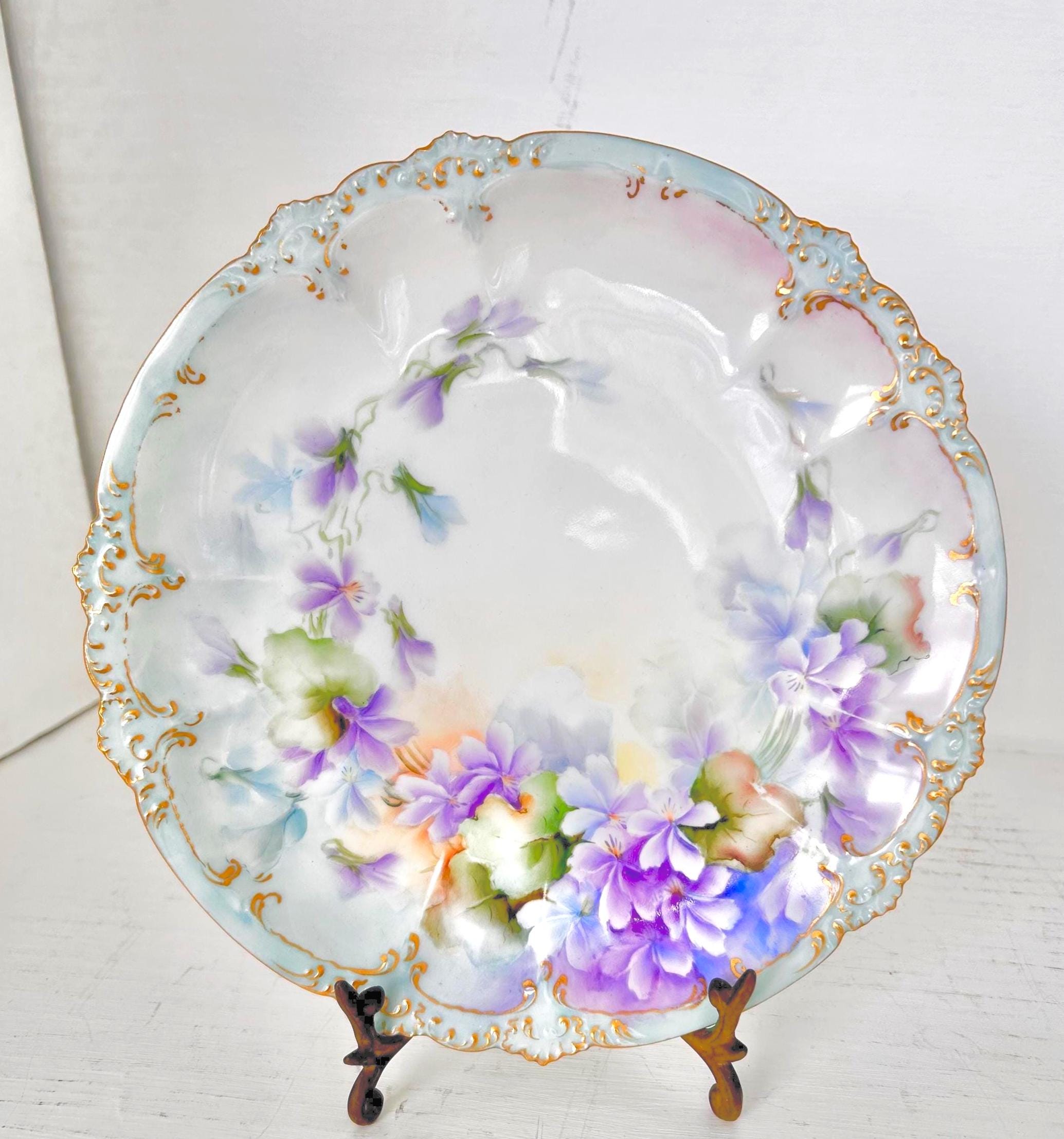 Vintage Limoges Porcelain Plate, Handpainted Violets, G.D.A.