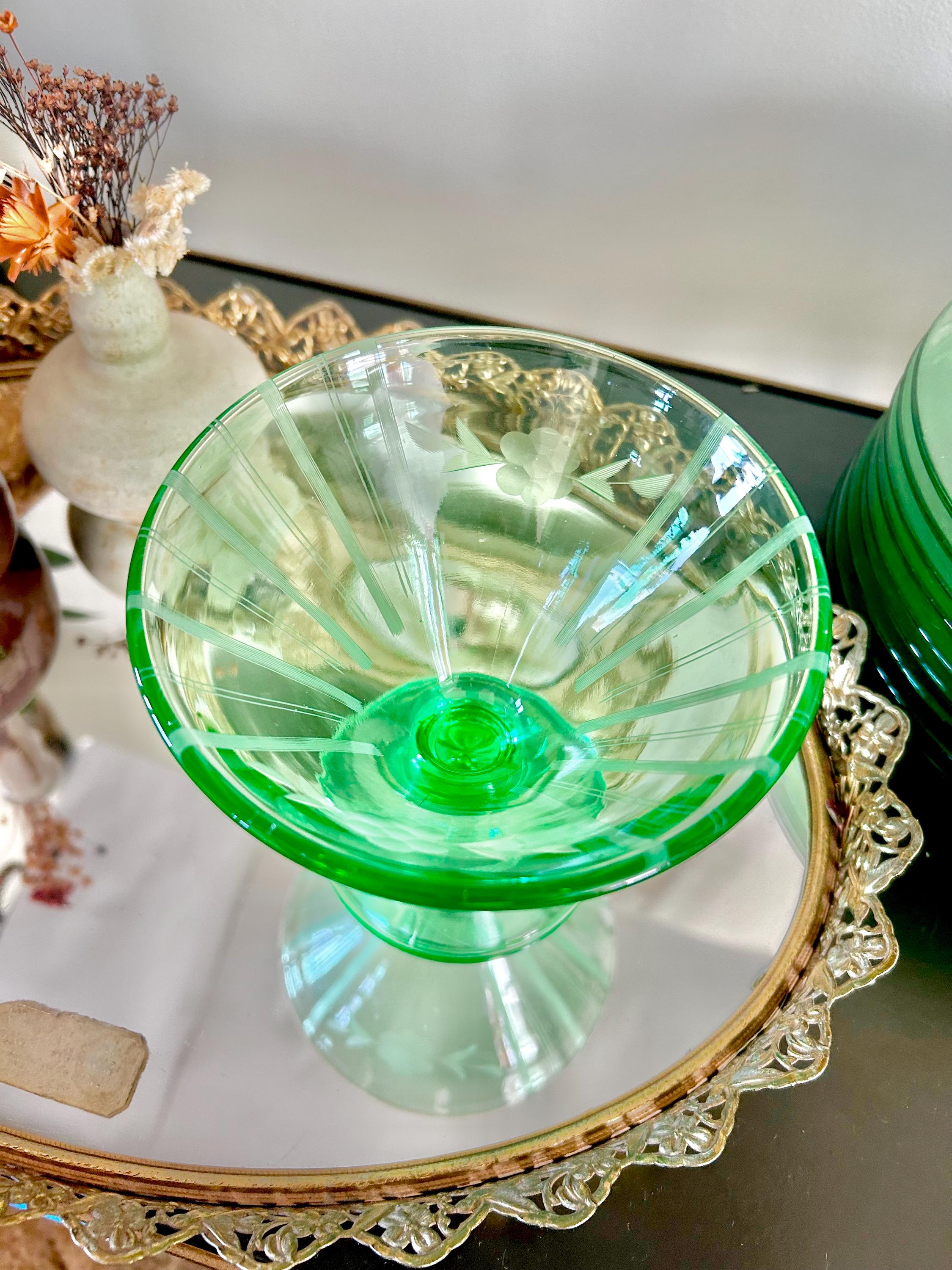Vintage Uranium Green Heavy Pressed Glass Pedestal Sherbet Dish, Etched