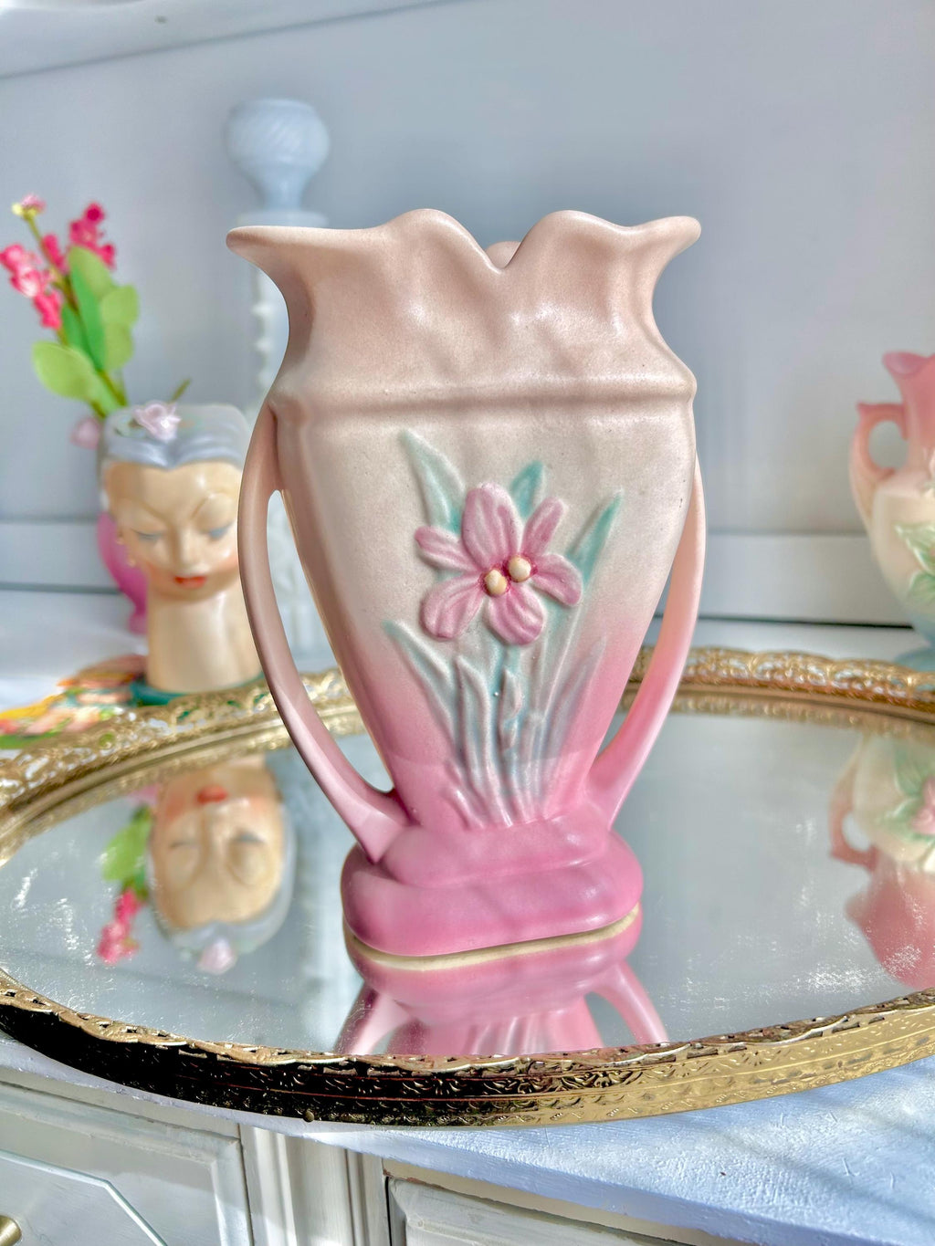 Vintage Hull Art Pottery Vase: Pink Floral Urn with Handles
