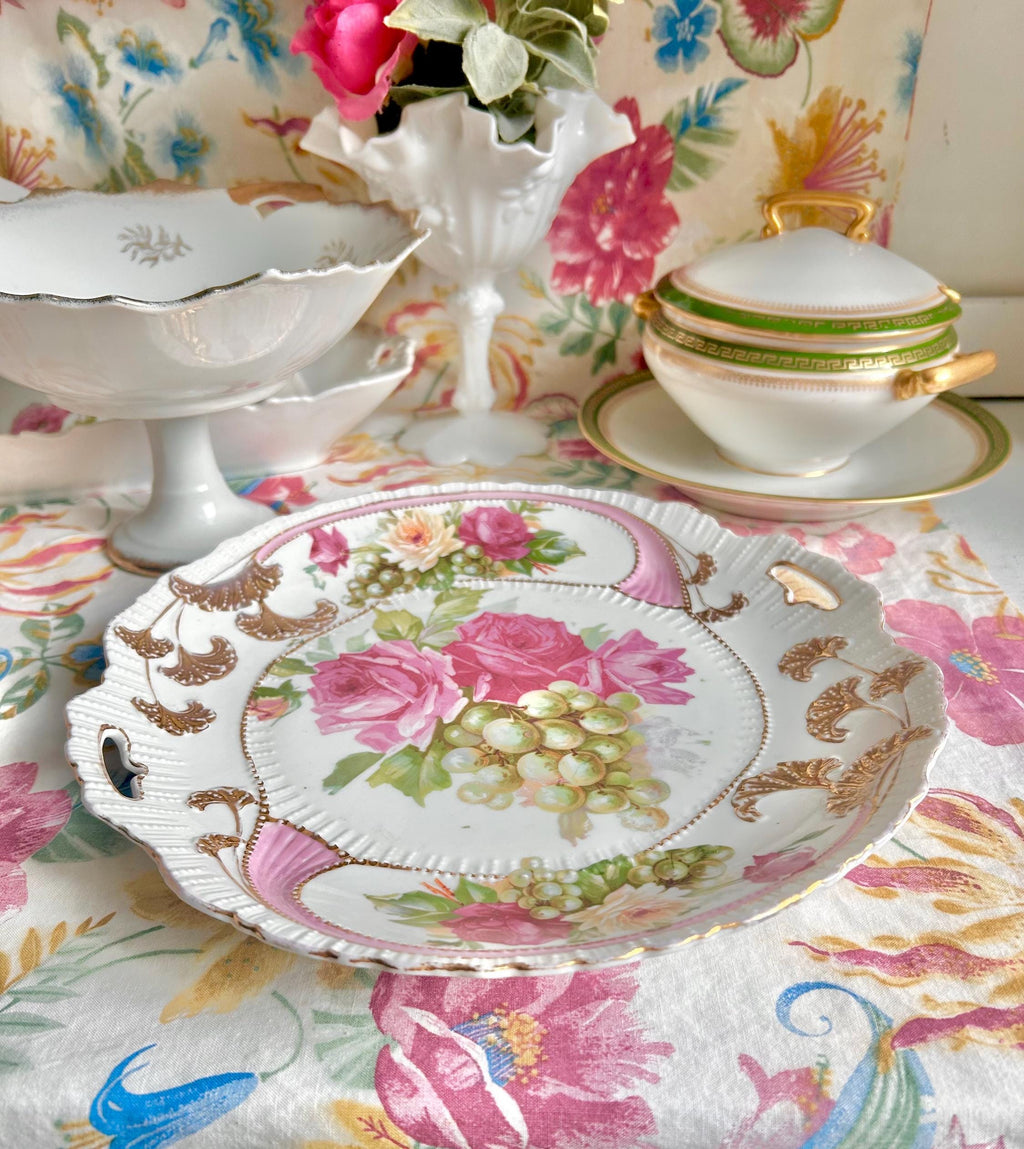 Vintage Porcelain Platter: Gold Foliage, Roses & Grapes, Beaded Handles