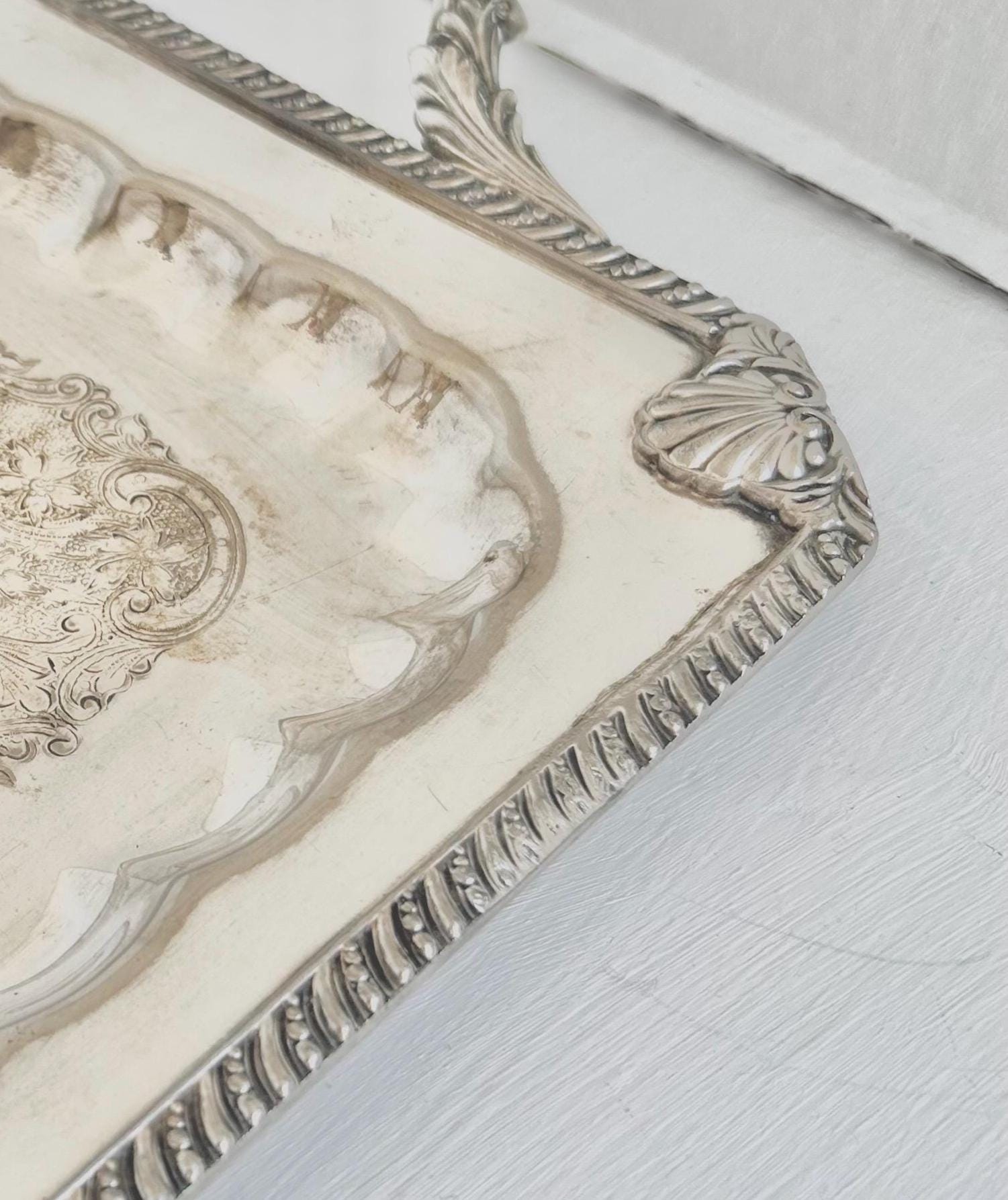 Vintage Silverplated Copper Tray: Neoclassical Seashell Rim, English Silver Co. - Vintage worn
