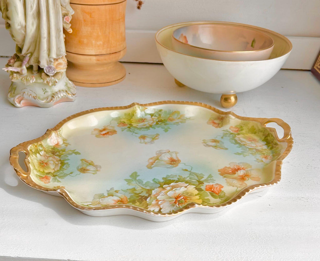 Antique Royal Rudolstadt Prussia Porcelain Tray: Hand-Painted, Gold Trim