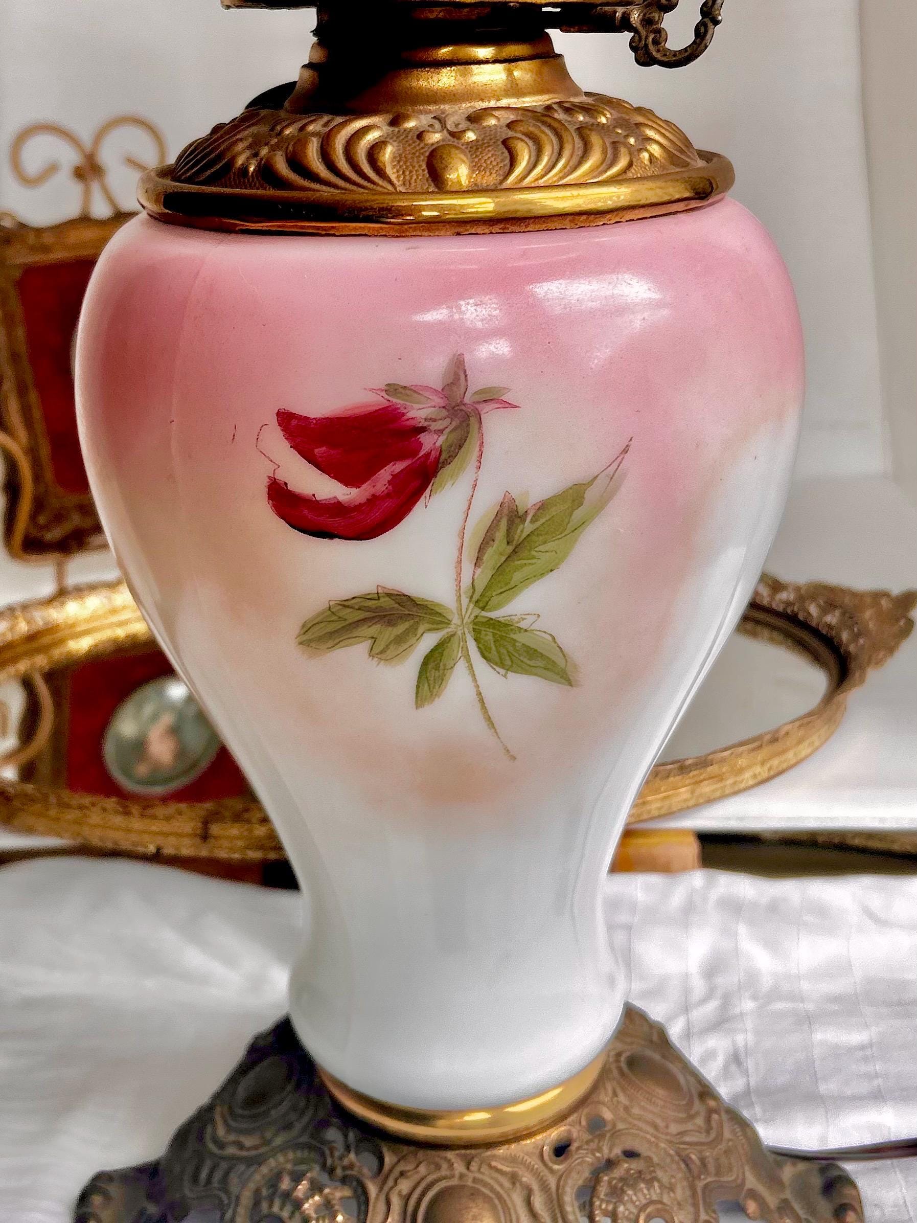 Vintage Pink Tinted Milk Glass Hurricane Lamp: Hand-Painted Pansies, Brass Accents