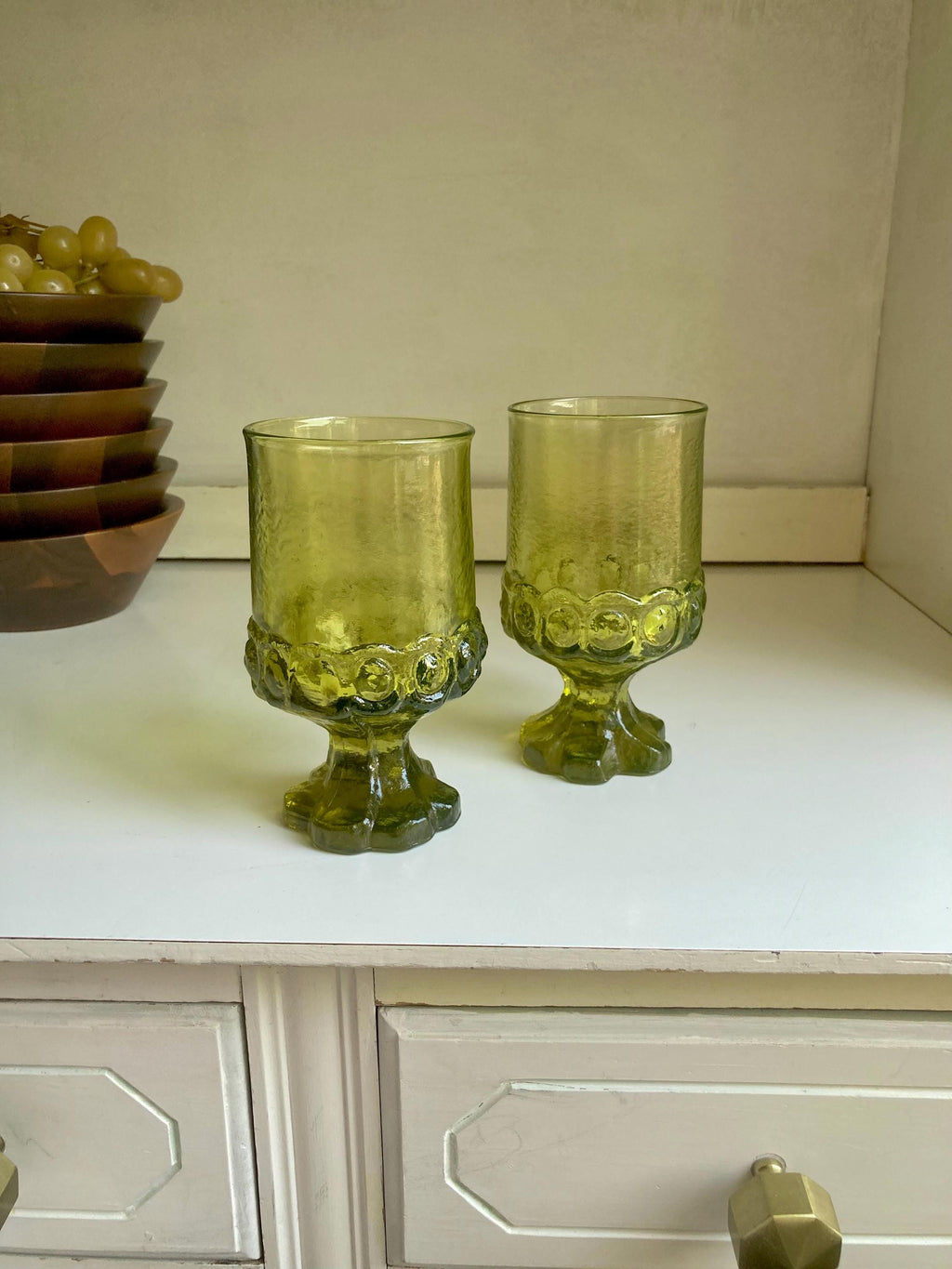 MCM Avocado Green Glass Tiffin Madeira Footed Tumblers - Thick Textured Goblets - SOLD INDIVIDUALLY