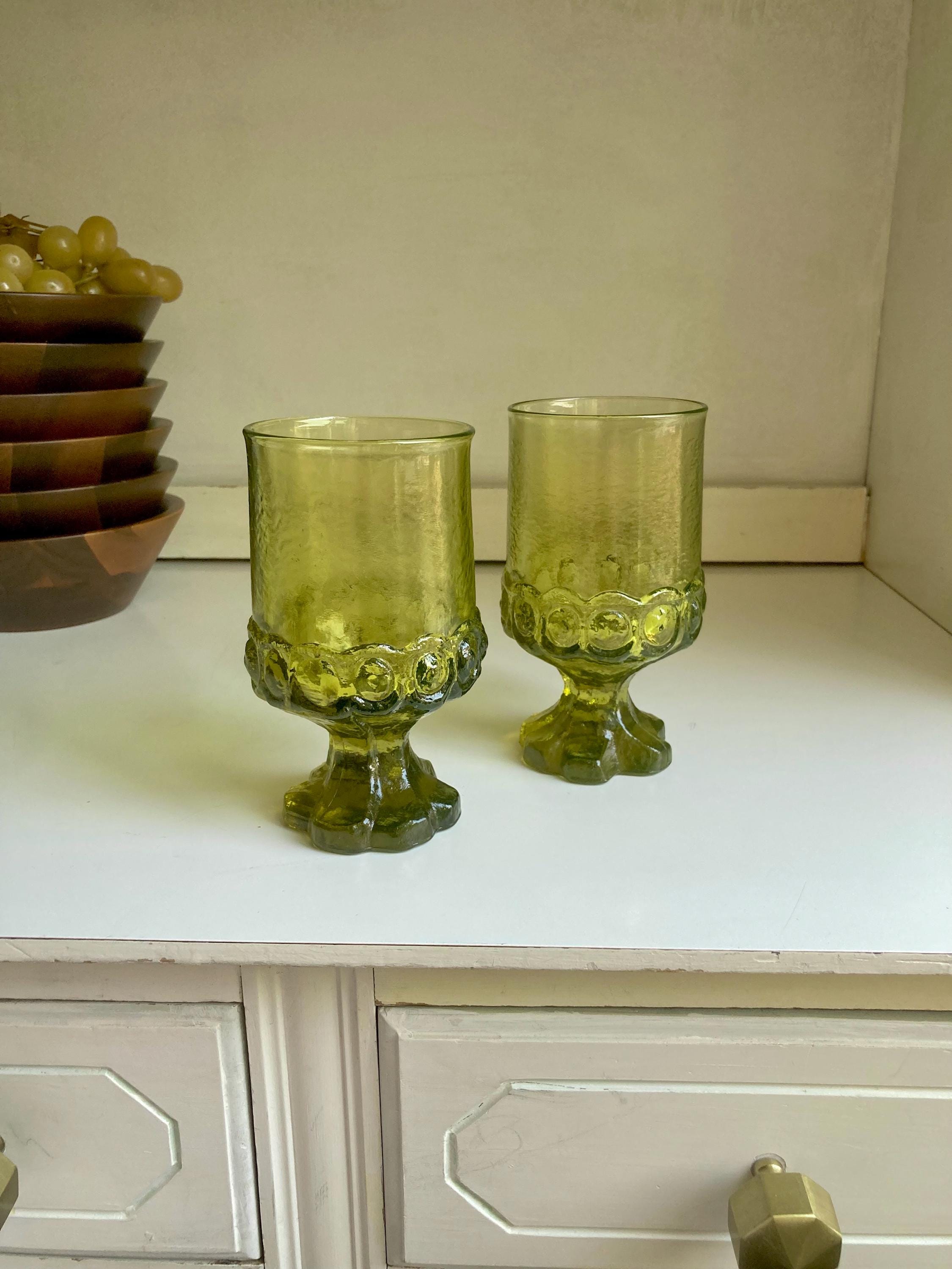 MCM Avocado Green Glass Tiffin Madeira Footed Tumblers - Thick Textured Goblets - SOLD INDIVIDUALLY