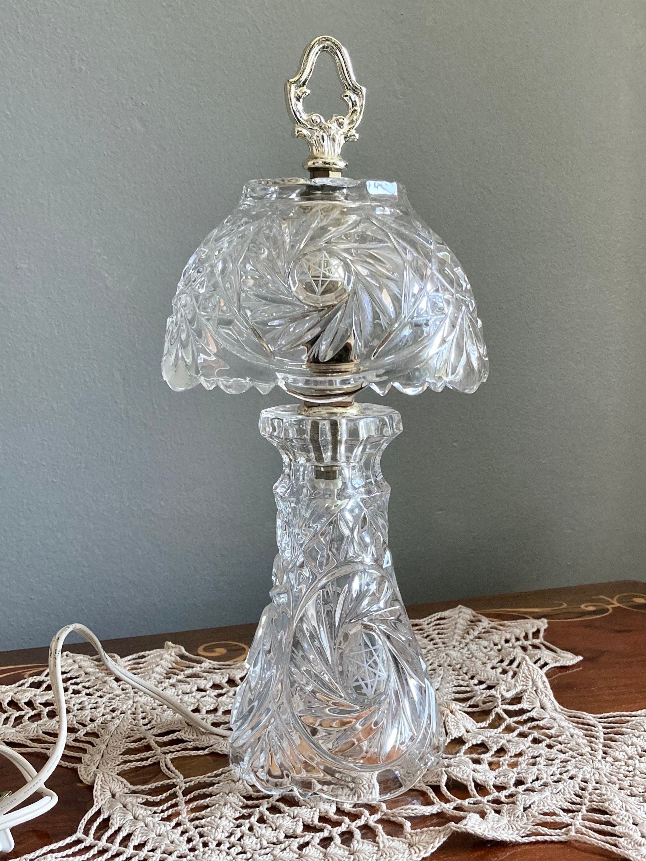 Small Glass Boudoir Parlor Lamp with Brass Finishings - Cut Geometric and Star Pattern