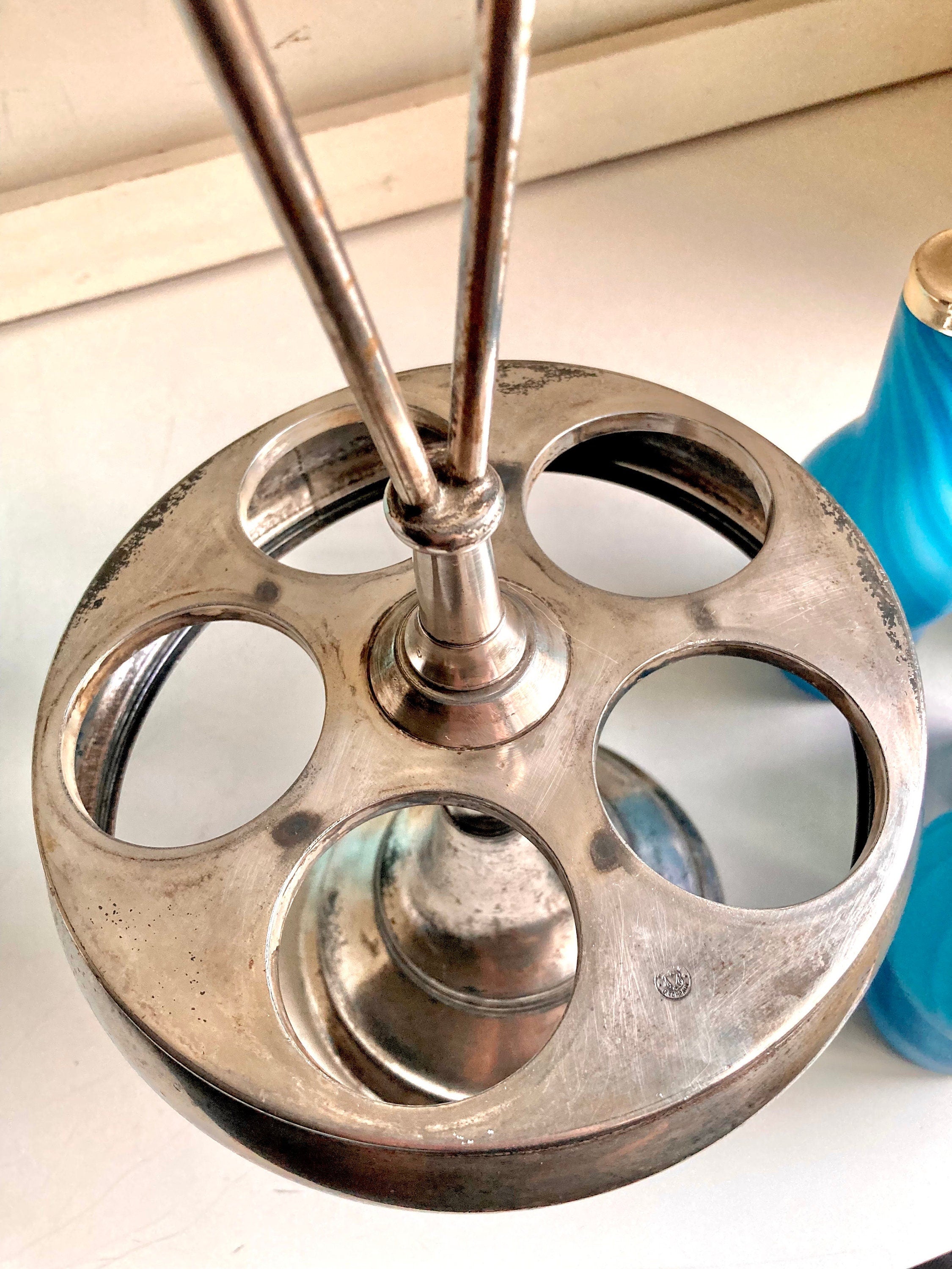 Antique Meriden Silver Plated Cruet Caddy: Sky-Blue Swirl Glass Bottles