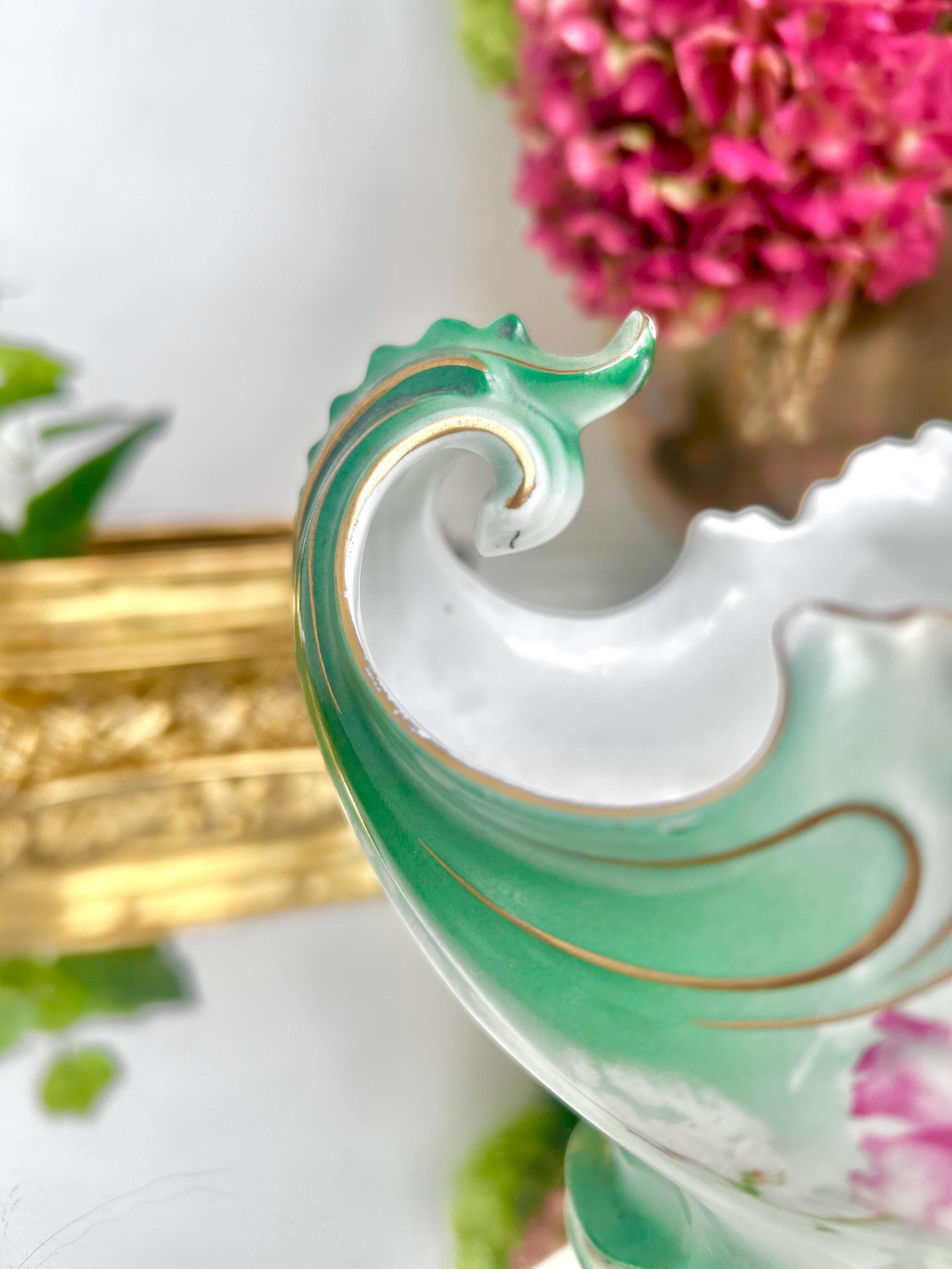 Art Nouveau Porcelain Gravy Boat: New Habsburg Austria, Teal Roses, Gold Trim