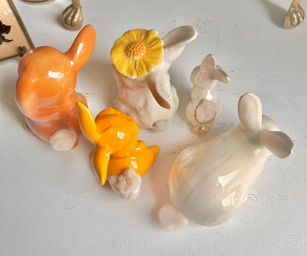 Vintage Ceramic Bunny Figurines: Cottontail Cotton Ball Dispenser