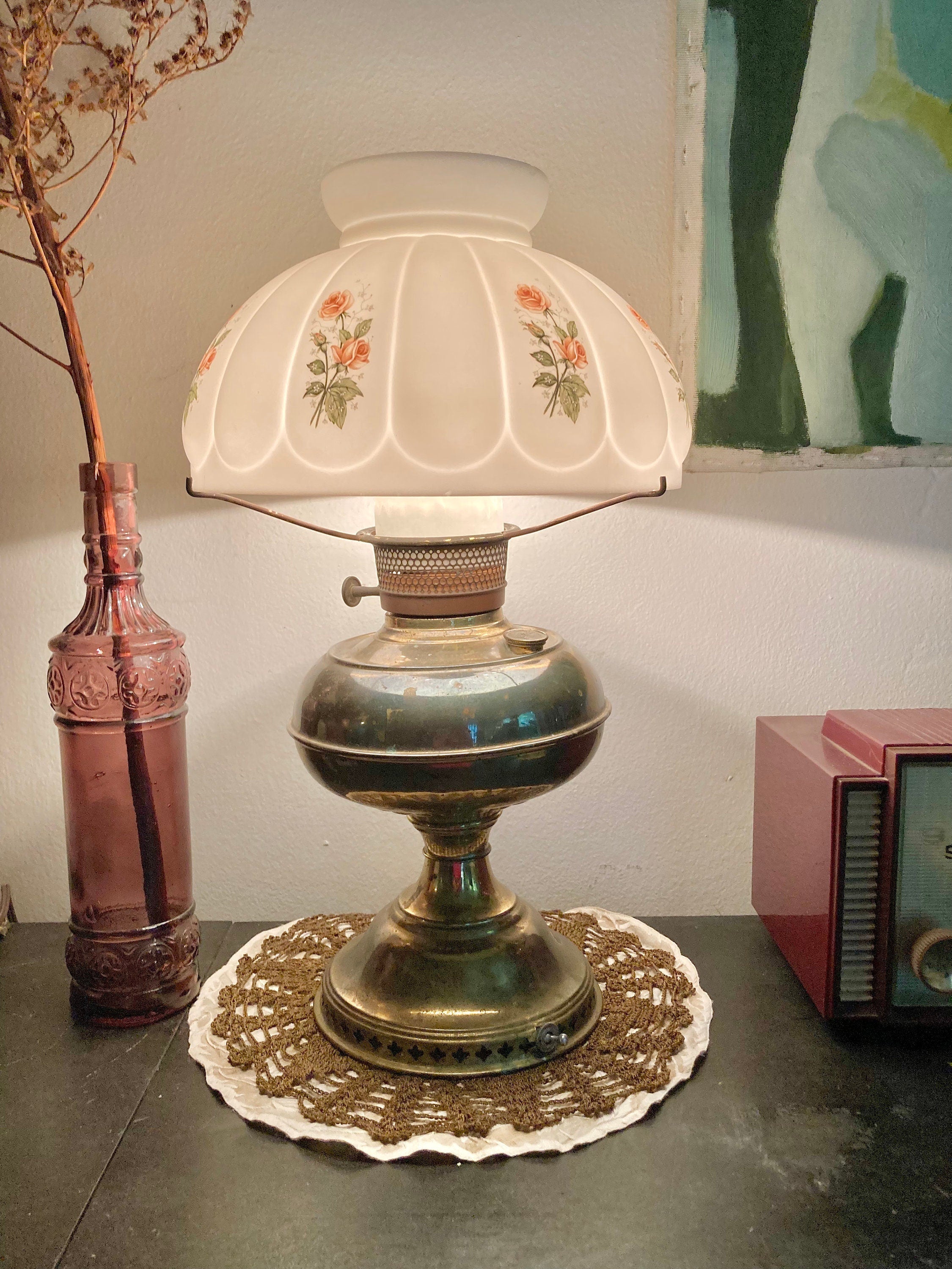 Vintage Converted Brass Oil Boudoir Lamp - Milk Glass Shade with Pink Roses Applique