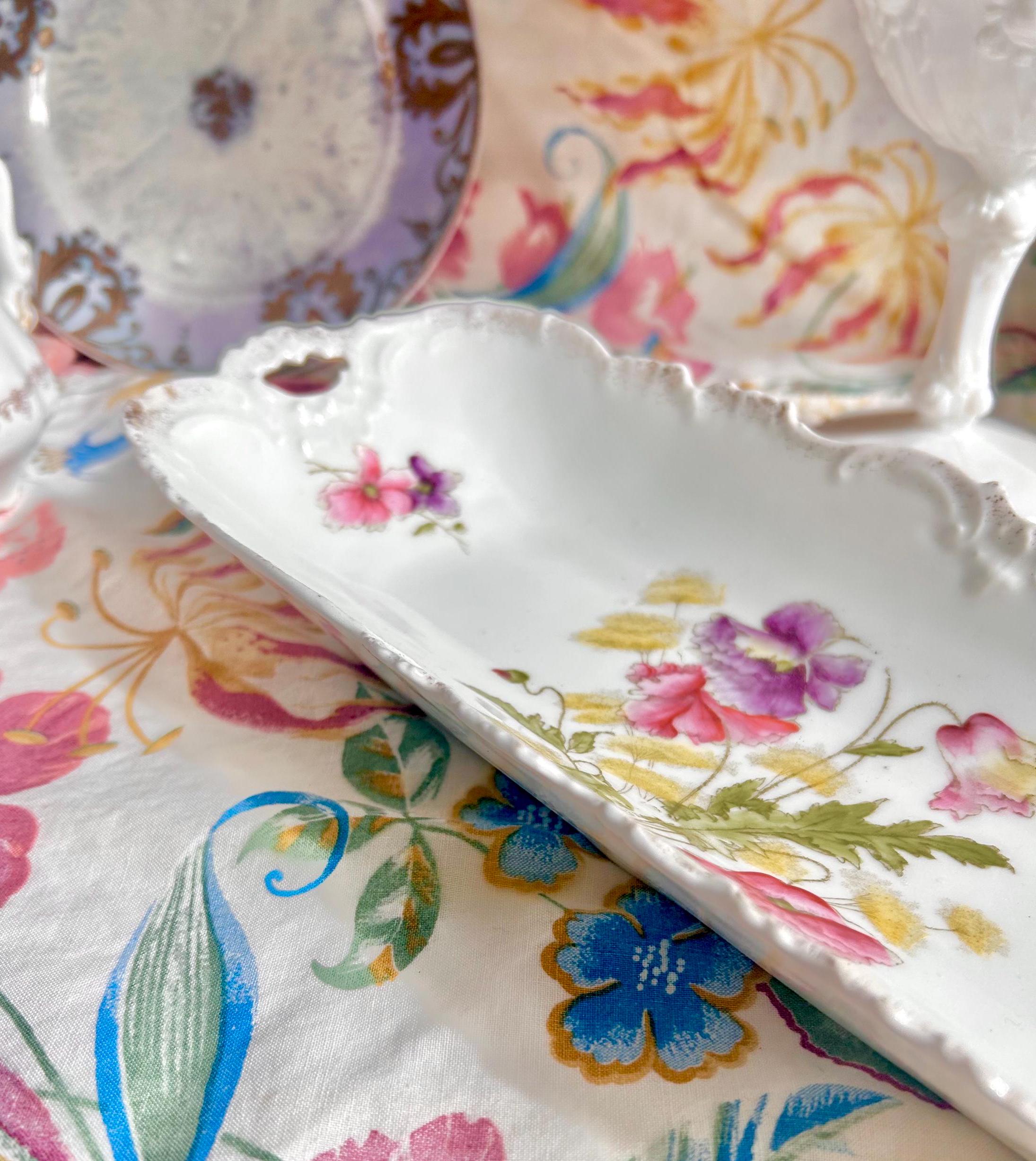 Vintage Porcelain Tray: Pink & Purple Poppies, Gilt Rim, Bavaria Germany