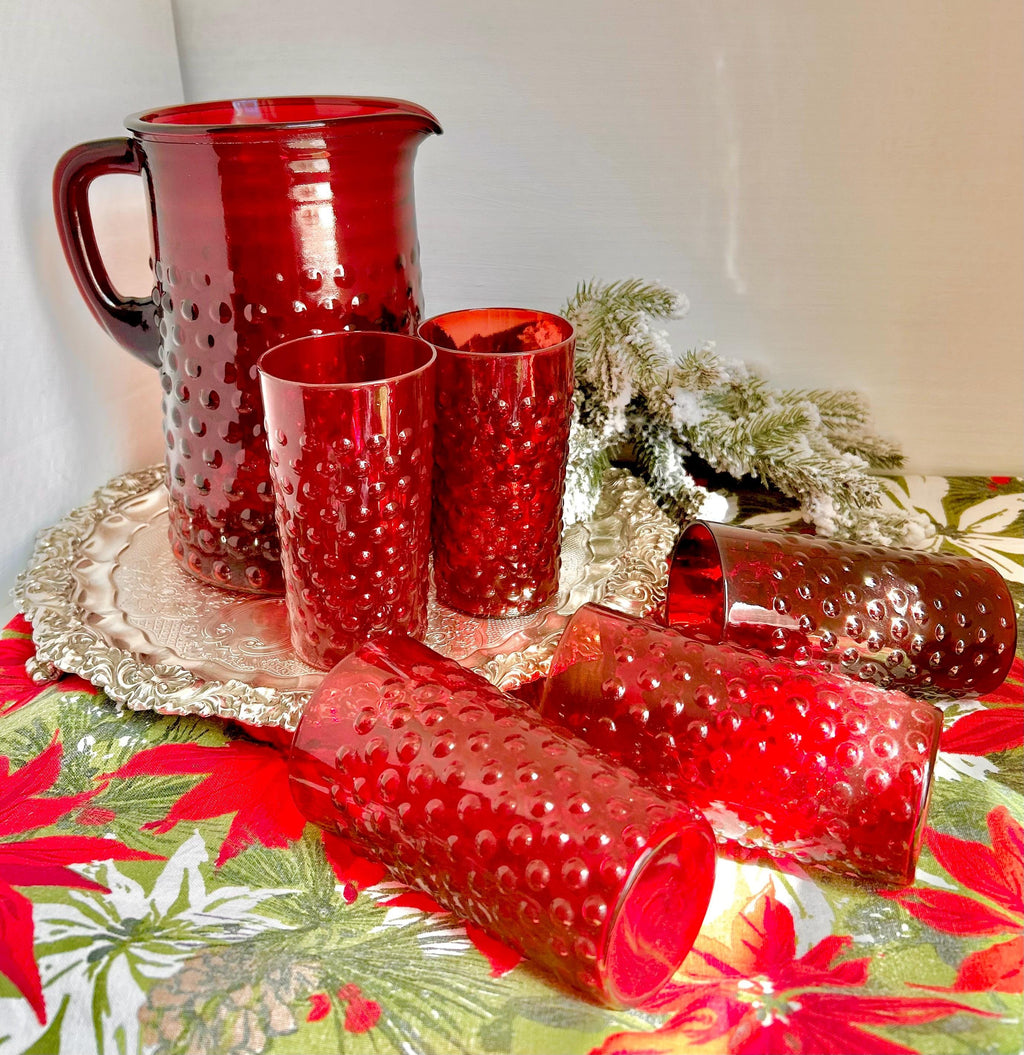 Vintage Anchor Hocking Royal Ruby Red Hobnail Glass Set: Pitcher & 8 Juice Glasses