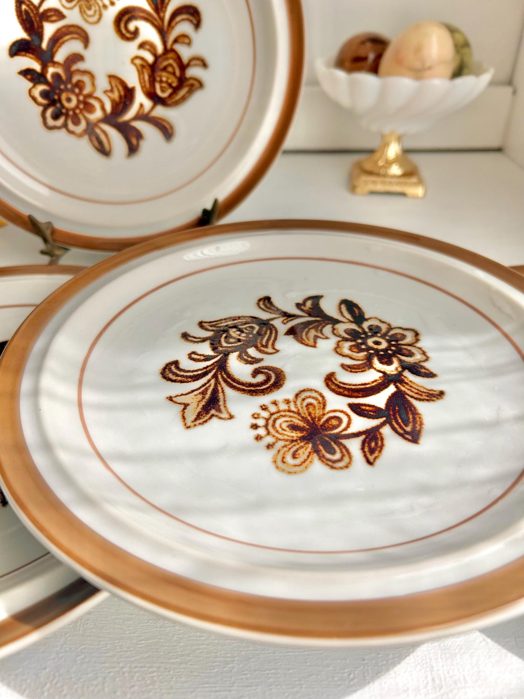 Vintage Stoneware Side Plates Set: Brown Floral Monterrey, Japan