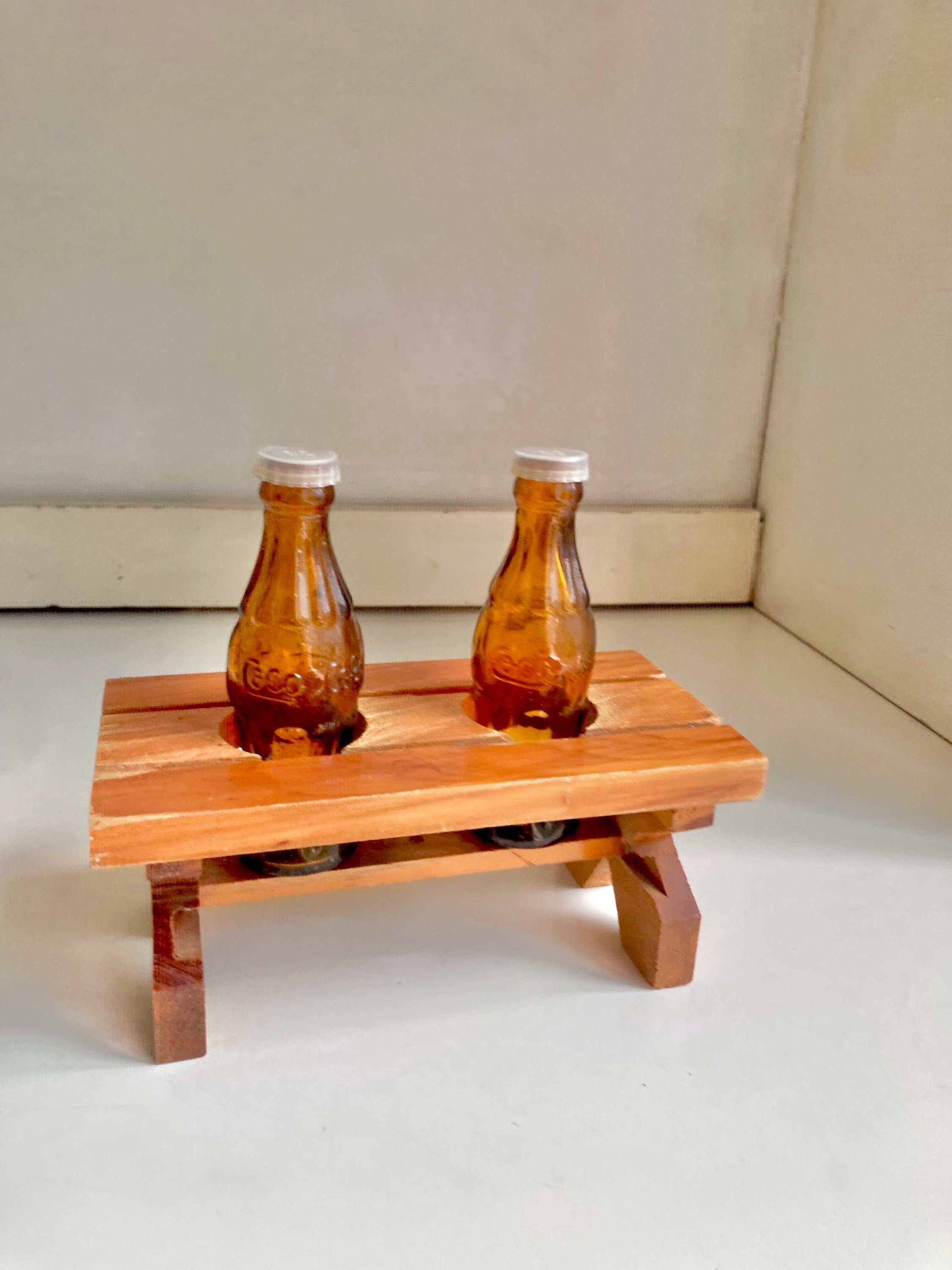 Vintage Salt and Pepper Shaker Set with Coca Cola Bottles and wooden Picnic Table