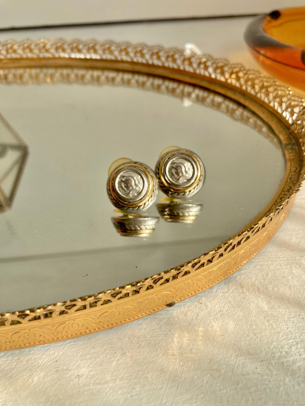 Vintage Roman-Coin-Button Gold and Silver Tone Blend Earrings for Pierced Ears
