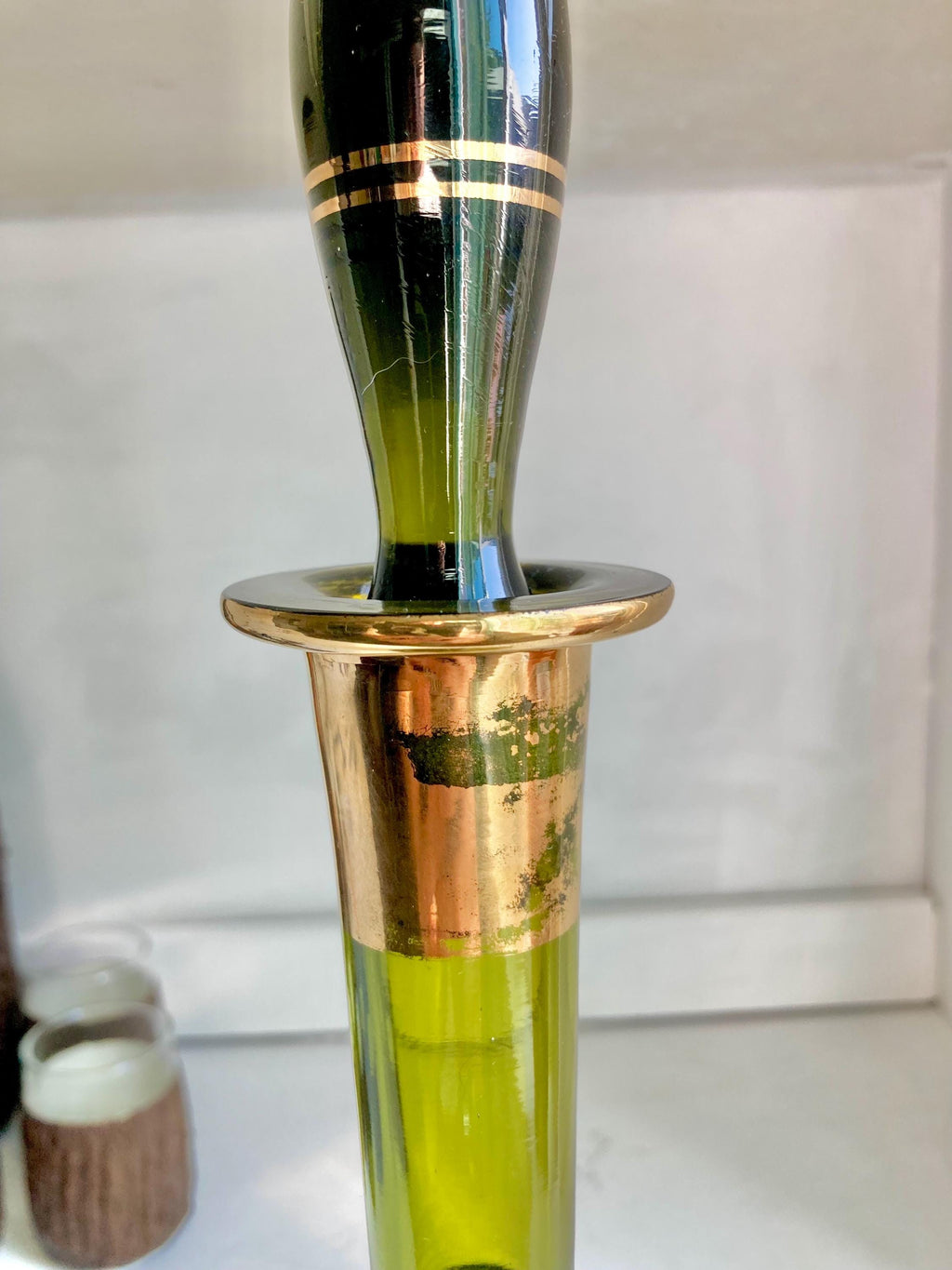 Vintage Blown Green Glass Decanter: Teardrop Stopper, Gold Trim