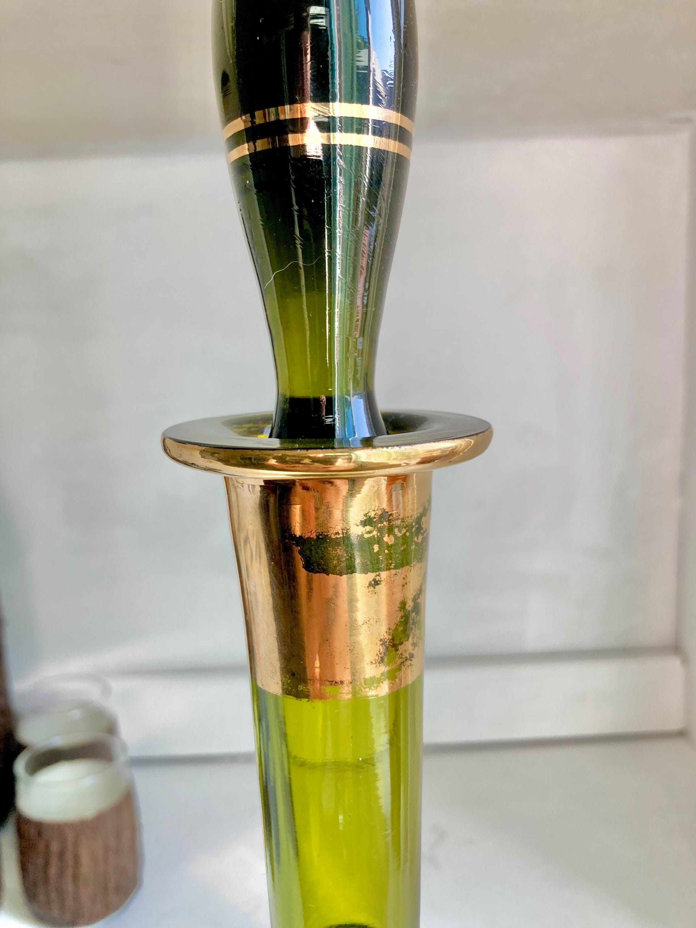 Vintage Blown Green Glass Decanter: Teardrop Stopper, Gold Trim