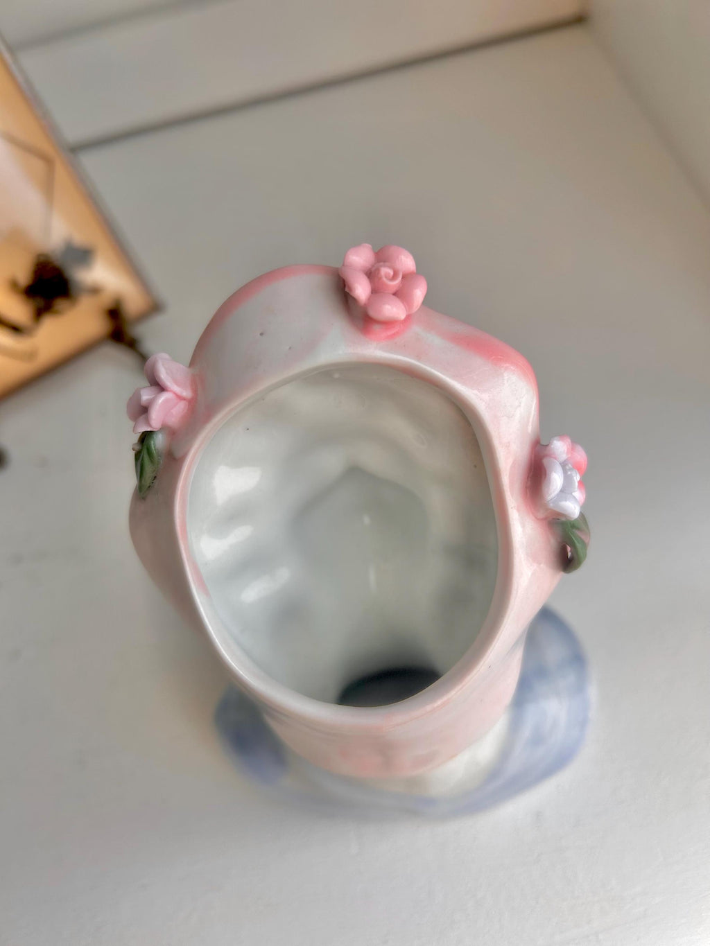 Vintage Lady Head Vase: Floral Pink Hat, Blonde Hair Ceramic Planter