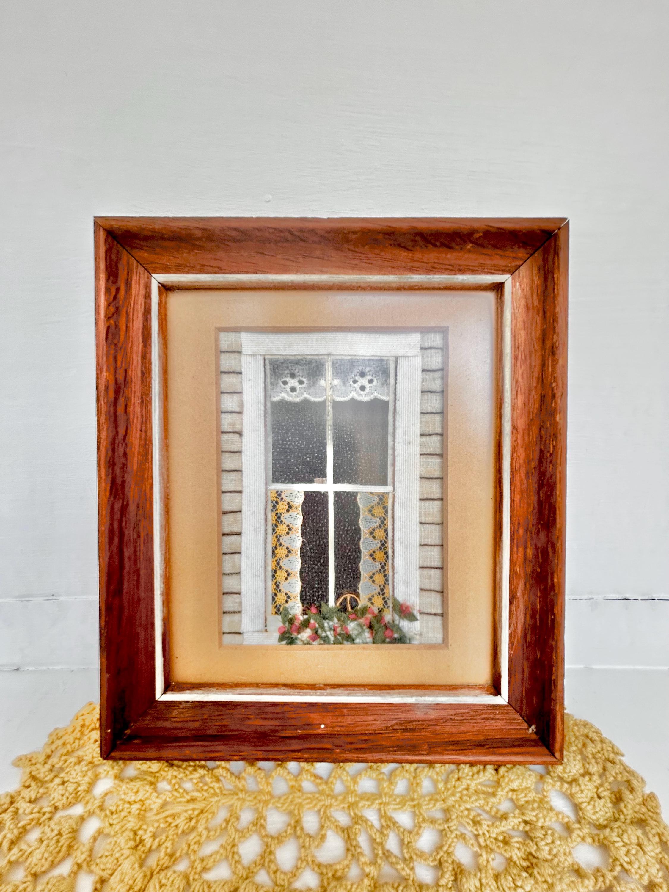 Vintage Framed Mixed Media Art: Country Cottage Window Scene, 1982