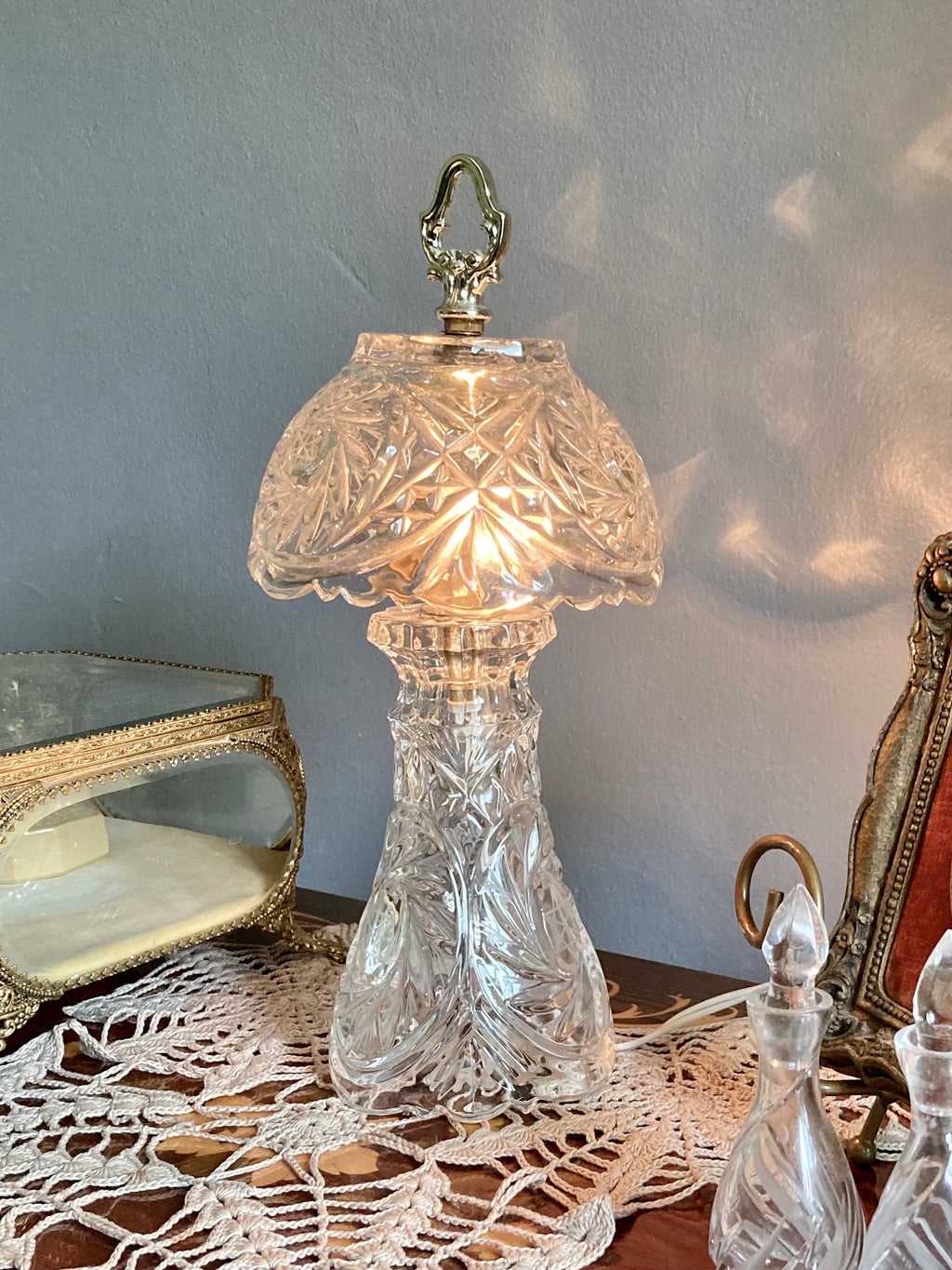 Small Glass Boudoir Parlor Lamp with Brass Finishings - Cut Geometric and Star Pattern