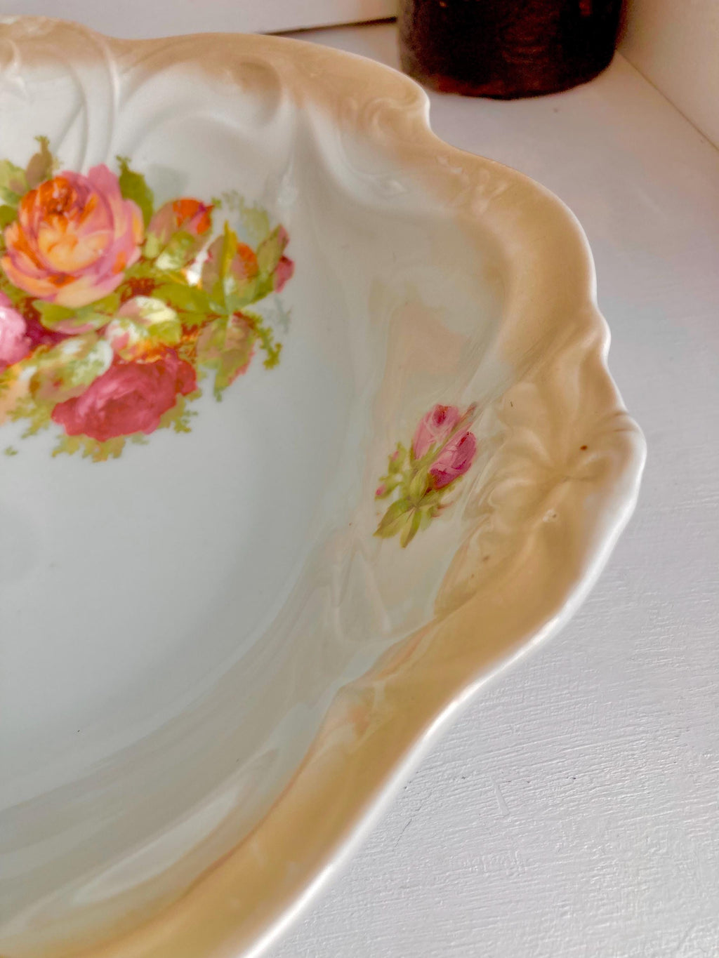 Vintage Bavarian Porcelain Bowl: Floral Appliqué, Luster Ruffled Rim